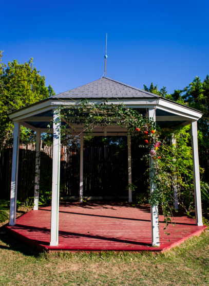 Gazebo swag made of cherry blossoms, Pussywillow, Protea, and succulents.