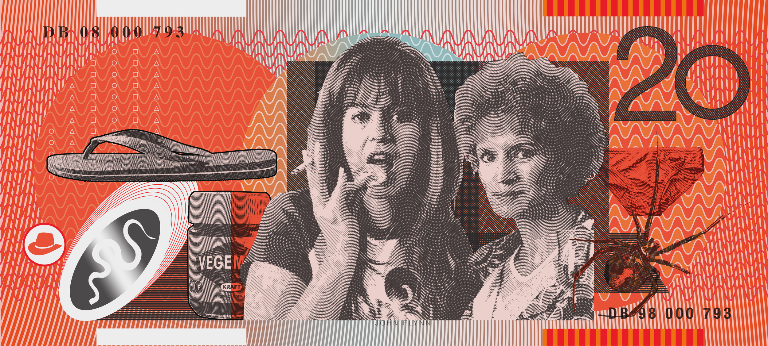 Kath & Kim, Vegemite, Thongs, Snake, Budgie Smuggler and Redback spider.