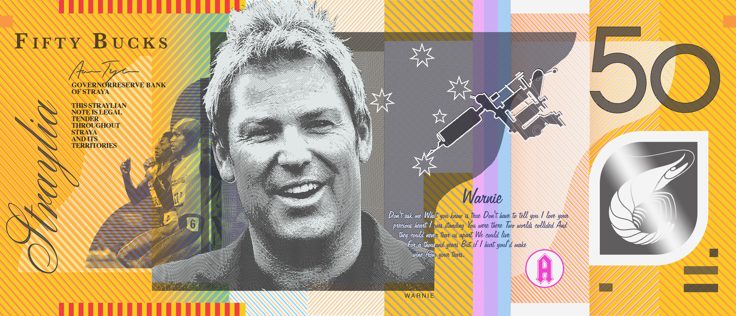 Shane Warne, Cathy Freeman, Southern Cross tattoo, and Shrimps on the Barbee.