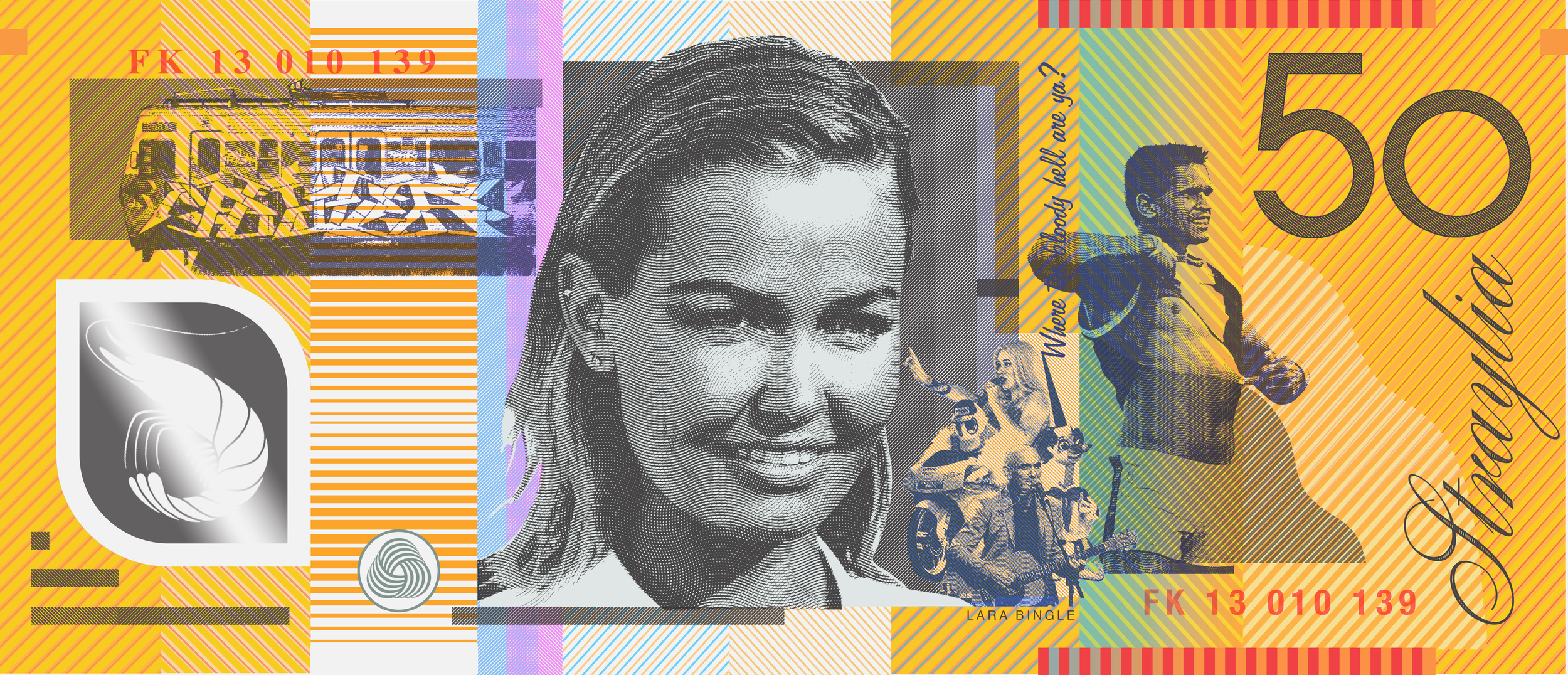 Lara Bingle, Nicky Winmar, Hitachi, Paul Kelly, Iggy Azalea, Plucka duck and Mr Squiggle.