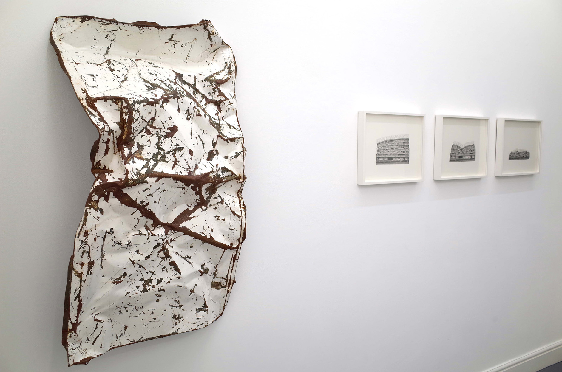 Jessie Brennan_A Brutal Story 2014_Steel acrylic paint and rust_117 x 67 x 31 cm_Study for Progress II_III_and IV_2014_graphite on paper_41 x 34 cm_installation view_dalla Rosa gallery.jpg