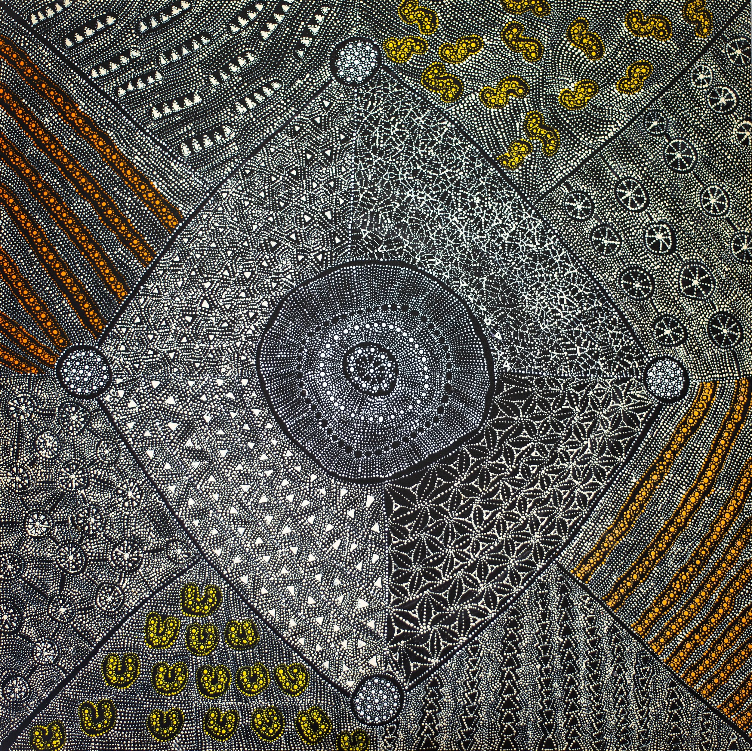 Hilda Nakamarra Rogers - Lukarrara Jukurrpa (Desert Fringe-rush Seed Dreaming) - 107 x 107 cm- 7882/23