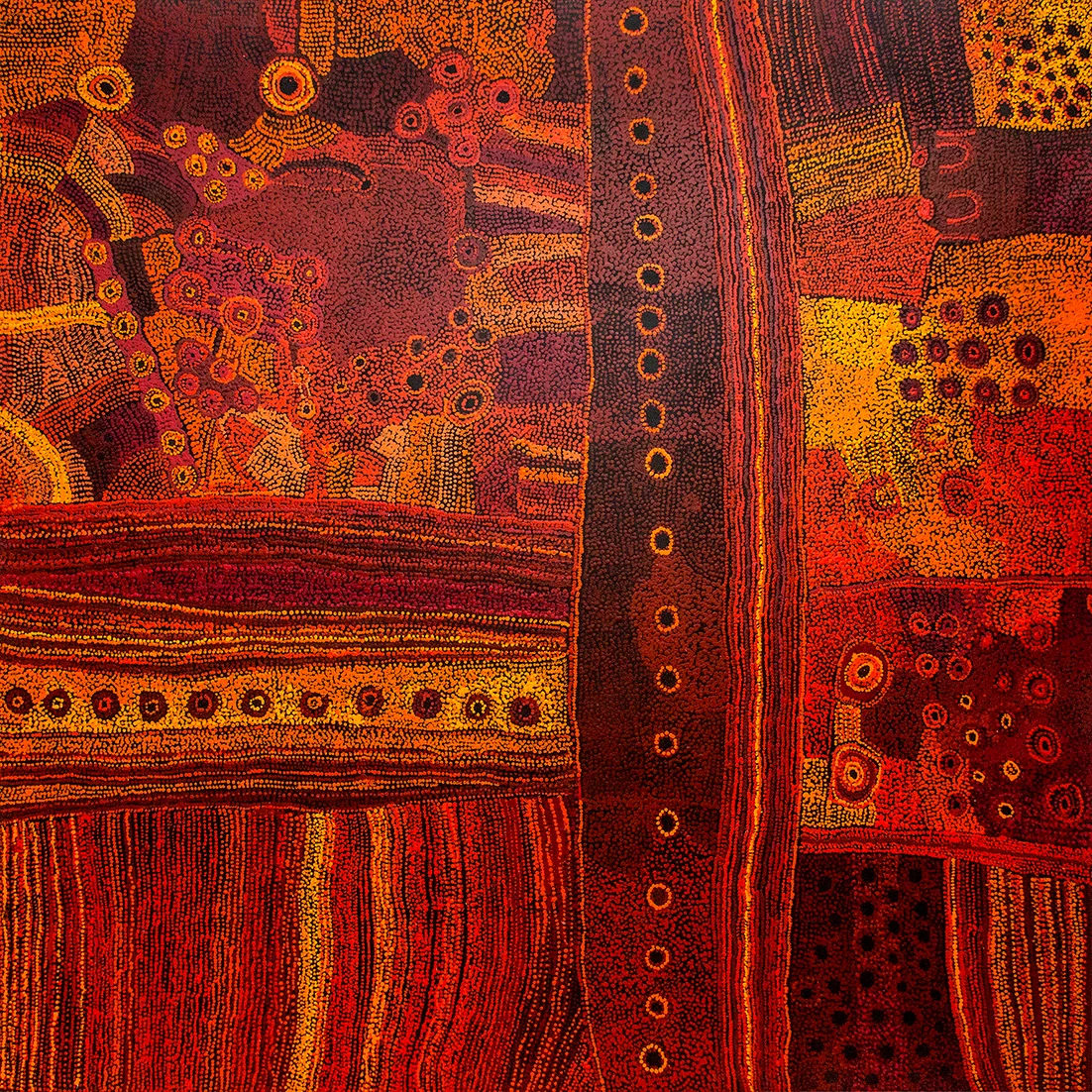 Focus sur une peinture d'art Aborigène magistrale de l'artiste Maringka Baker