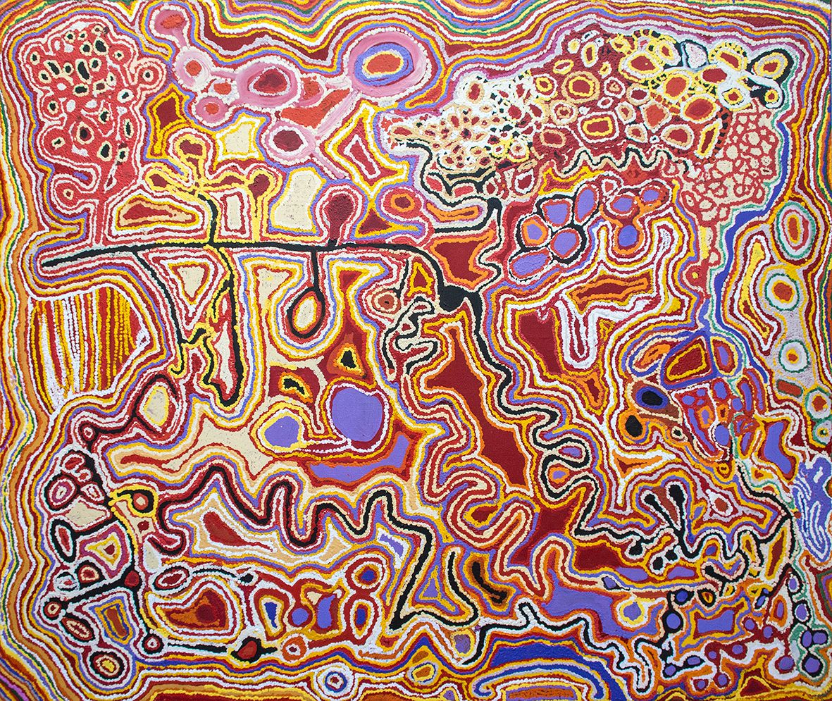 Œuvre magistrale de l'artiste Jimmy Donnegan. Format : 180 x 150 cm. Année : 2016. © Photo : Aboriginal Signature gallery, with the courtesy of the artist and Ninuku Arts.
