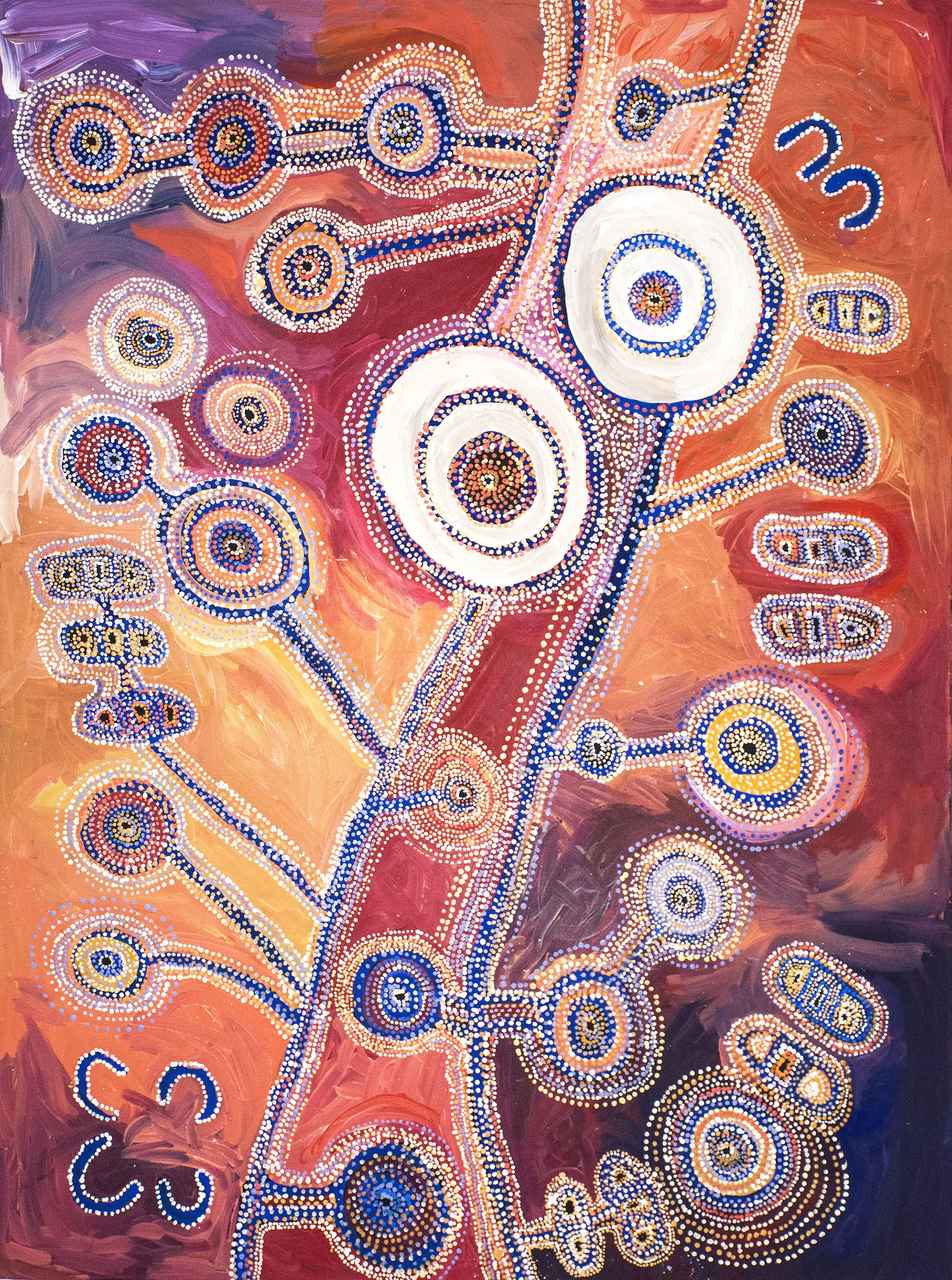Tuppy Goodwin. Titre : Antara Tjukurpa - Dreaming Time story. Format : 200 x 150 cm. © Aboriginal Signature • Estrangin gallery, avec l’autorisation de l’artiste et du Mimili Maku Art Center
