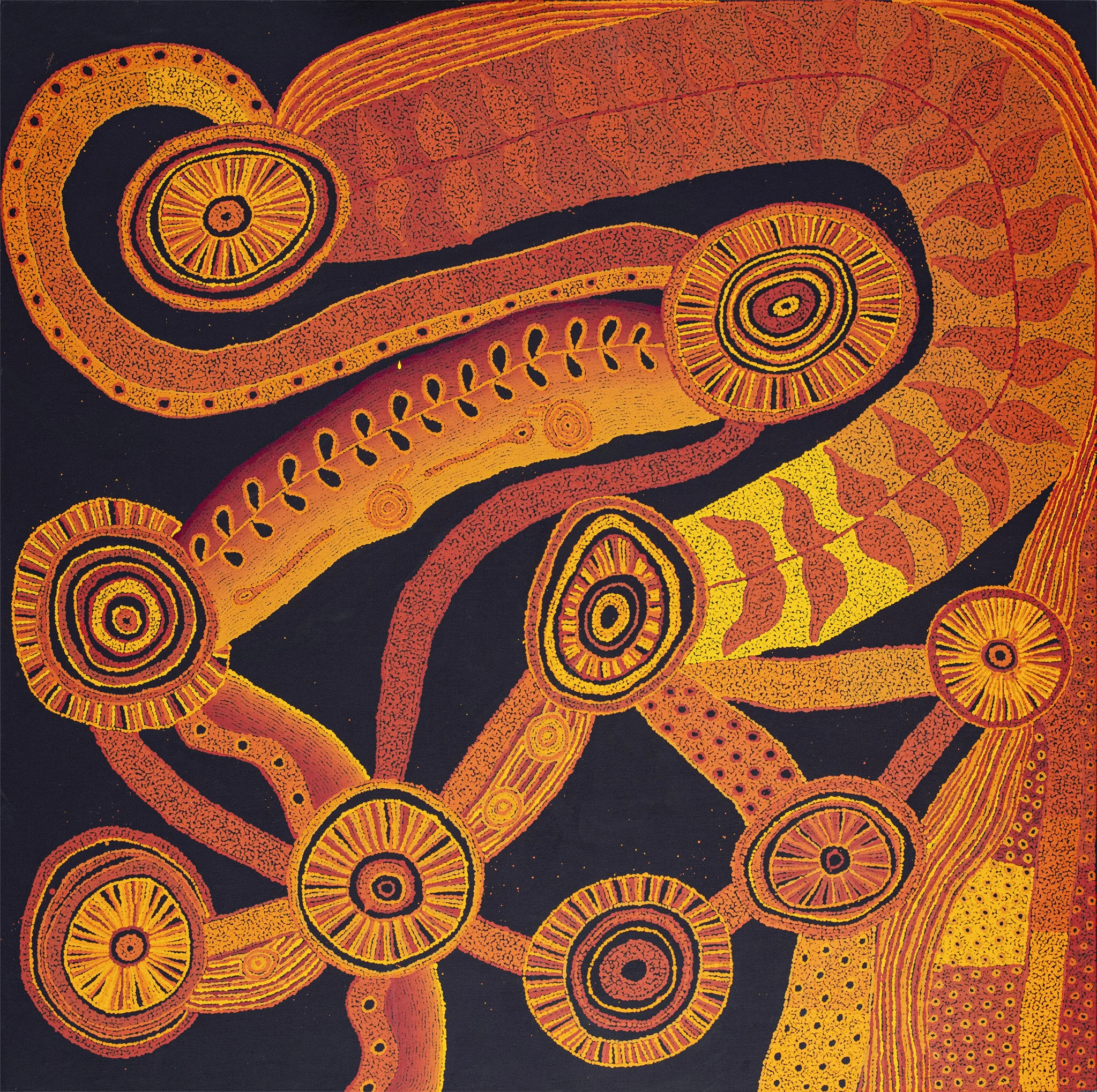 Marina Pumani Brown - Ngayuku Ngura Kuwari (My Home Now) - 152cm x 152cm - 242-20 - art aborigène