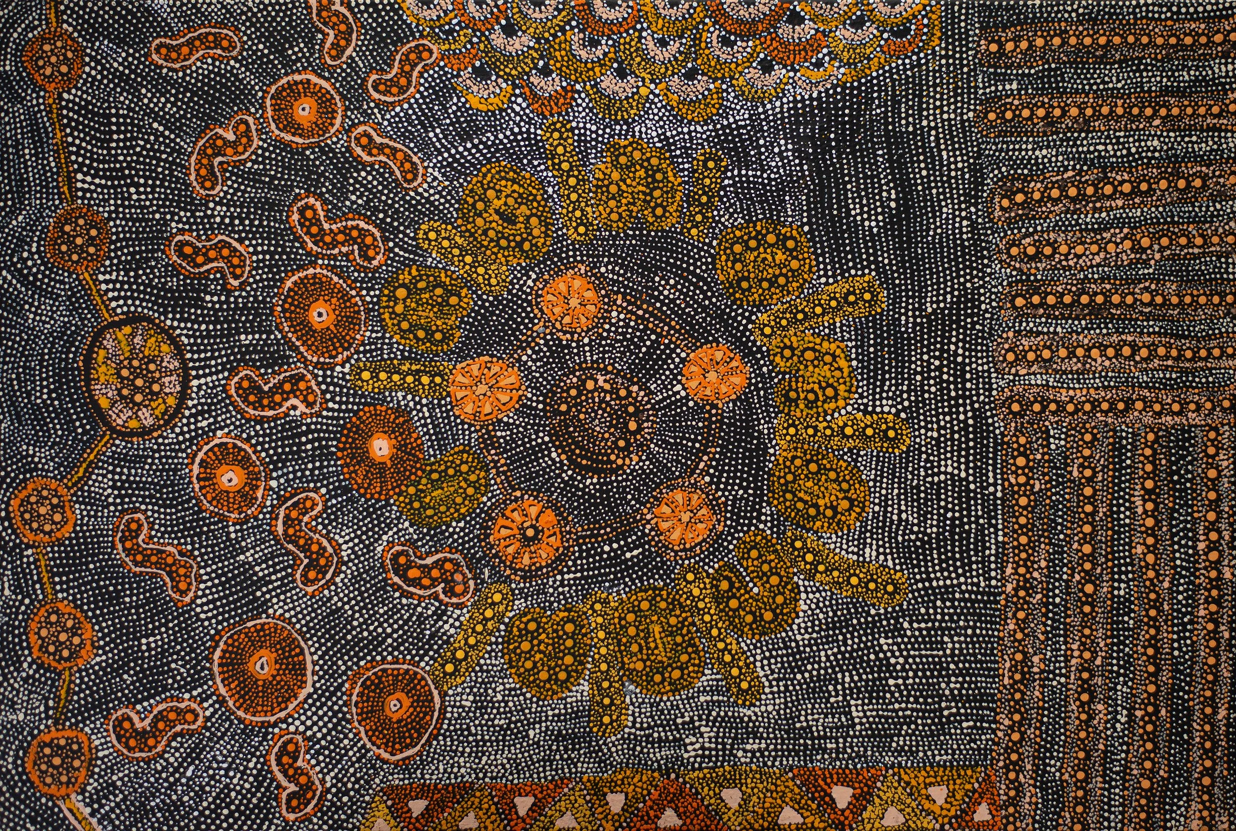 Hilda Nakamarra Rogers - Lukarrara Jukurrpa (Desert Fringe-rush Seed Dreaming) - 91 x 61 cm- 2633/25