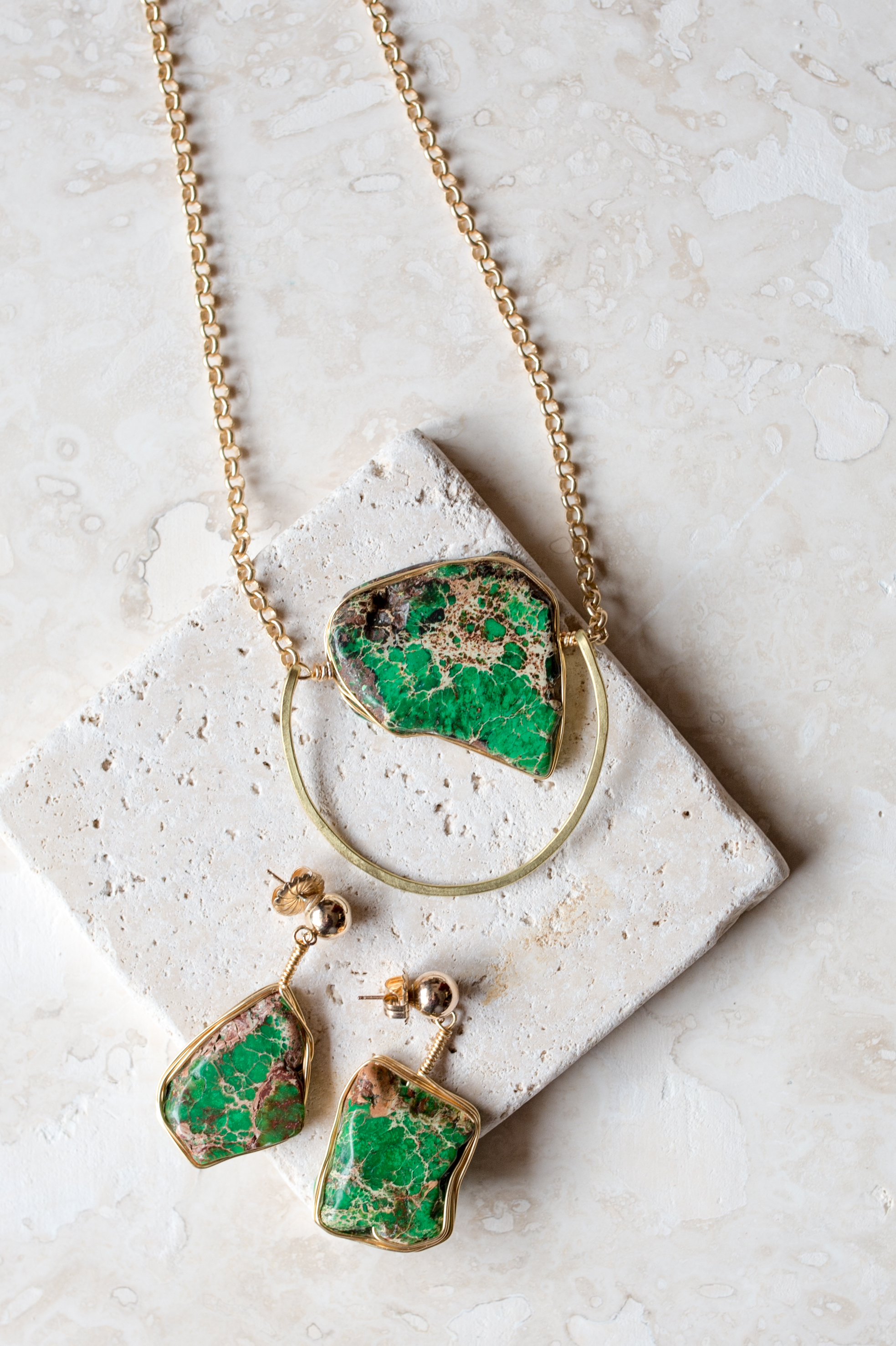 Green Impression Jasper wire wrapped ball earrings $95 and Green Impression Jasper 2 $175