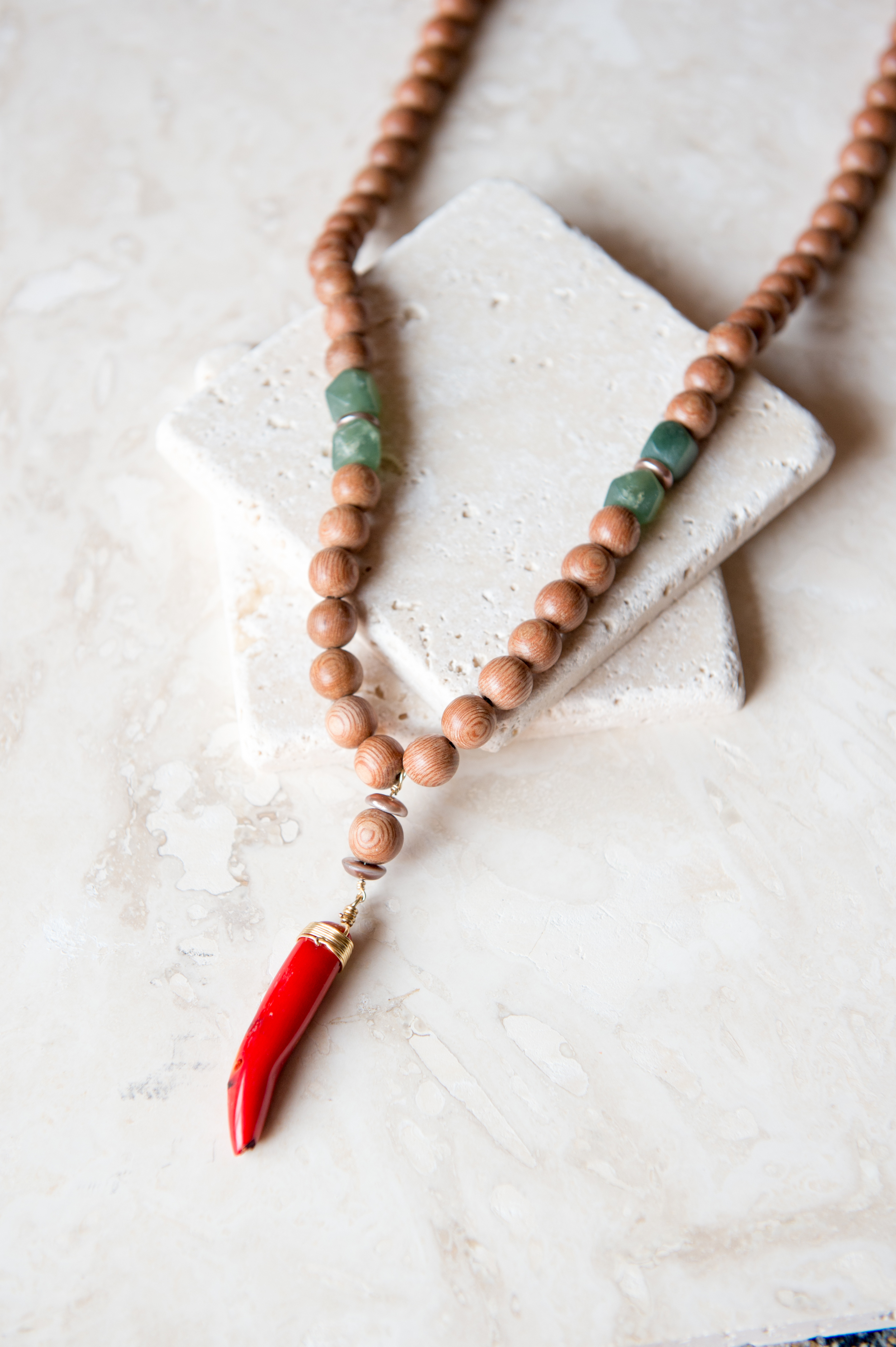 Long Wooden Bead Necklace with gold coin - turquoise – PennyLuna Boutique