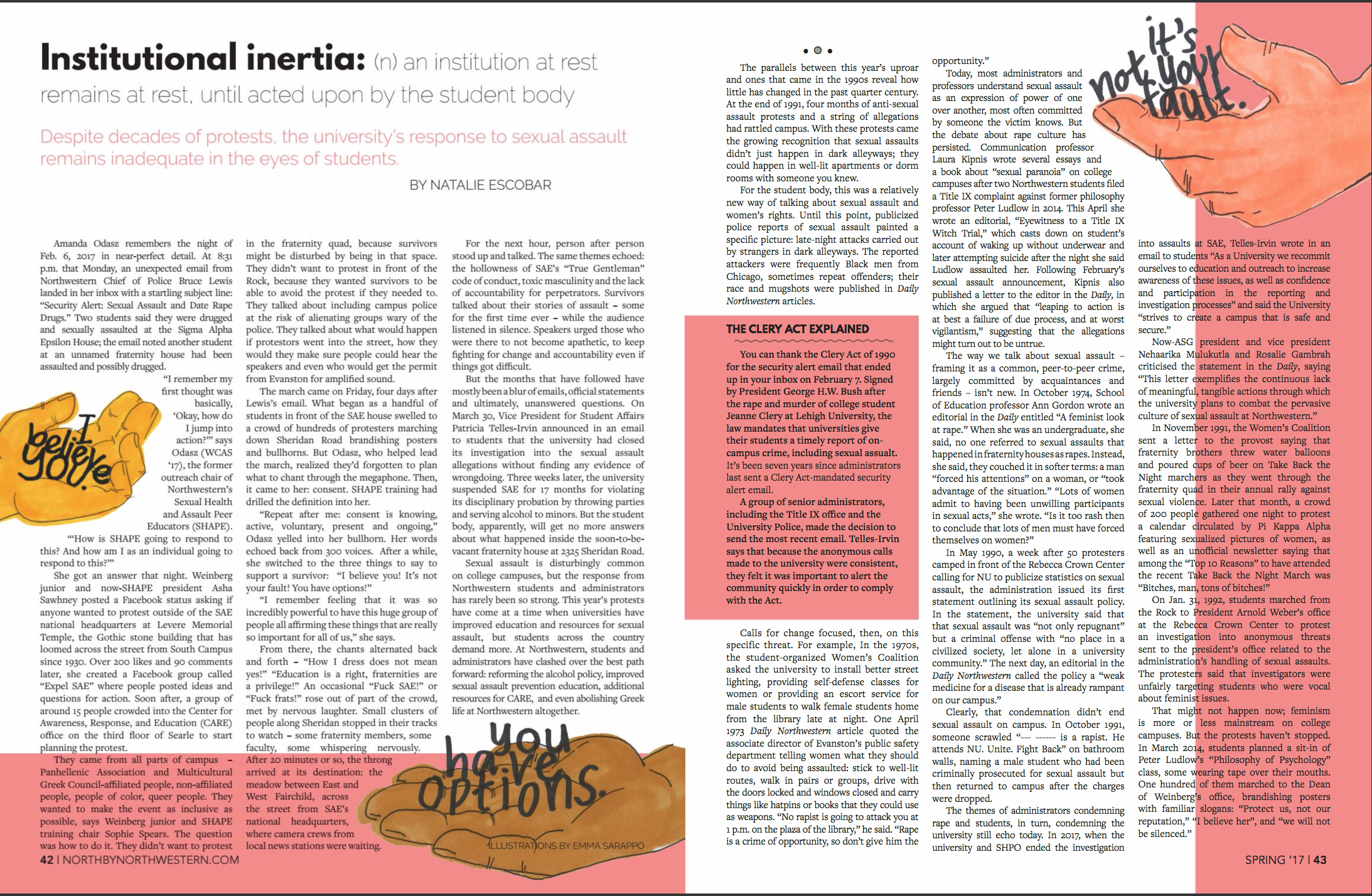 Inside illustrations for a feature on sexual assault policy in the Spring 2017 issue of North by Northwestern.