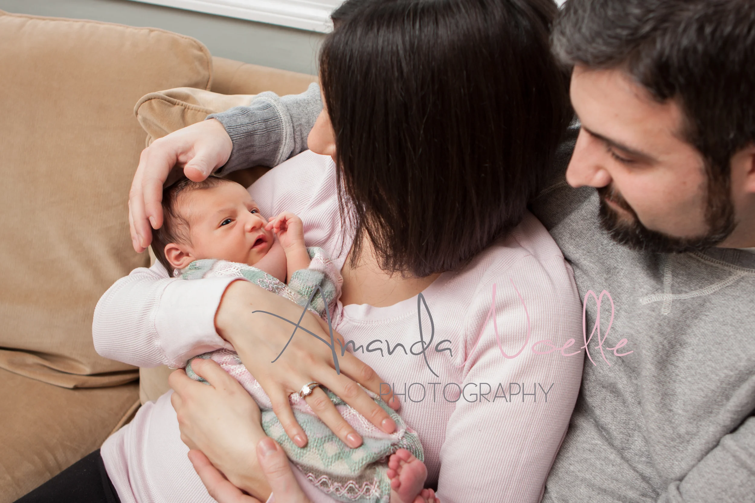 Newborn baby girl, mom and dad, family newborn photos, lifestyle newborn, by Westchester, New York Newborn Photographer, Amanda Noelle Photography.