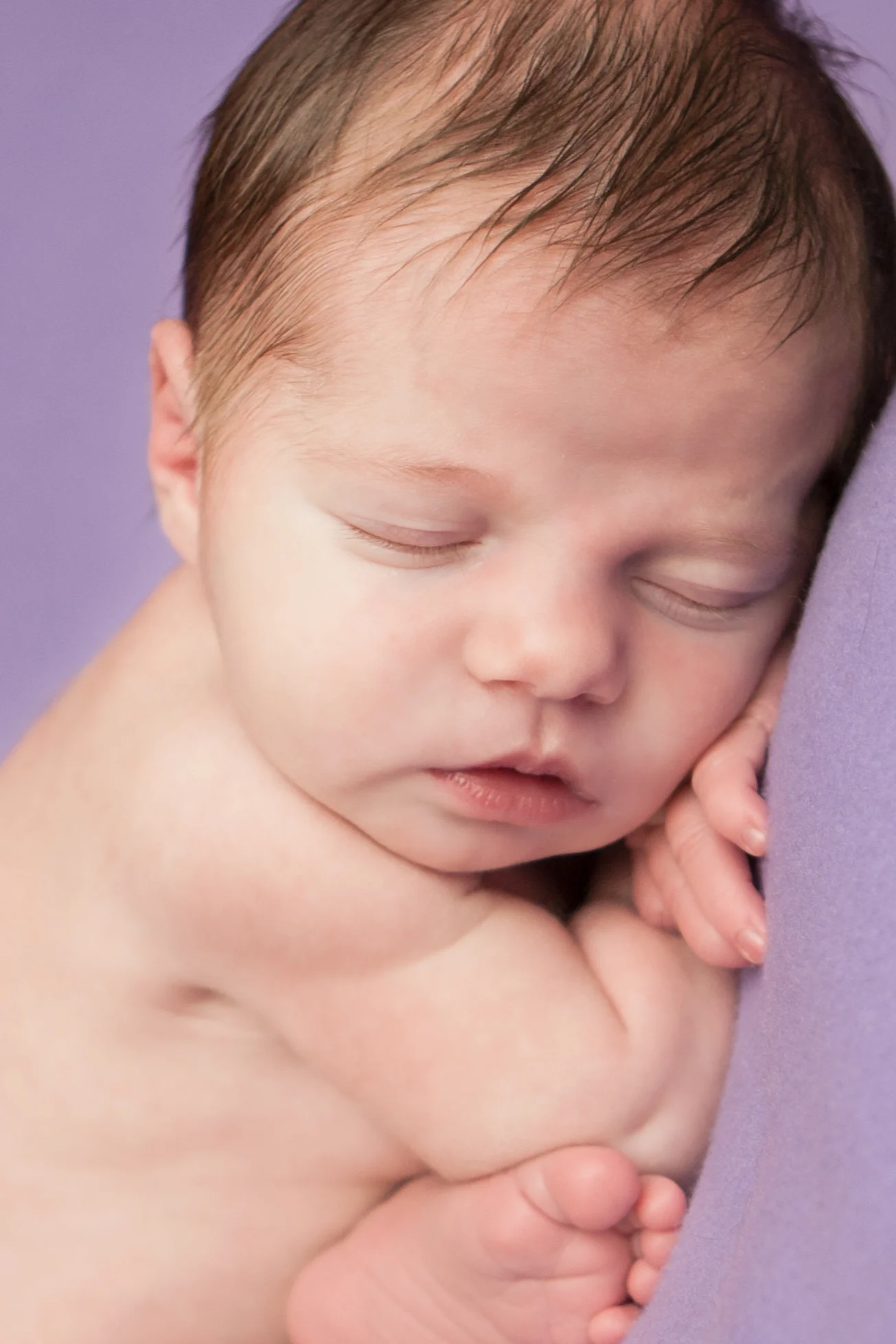 Newborn baby girl , on purple fabric blanket backdrop, beanbag taco pose, Westchester County, New York Newborn Photographer, Amanda Noelle Photography.