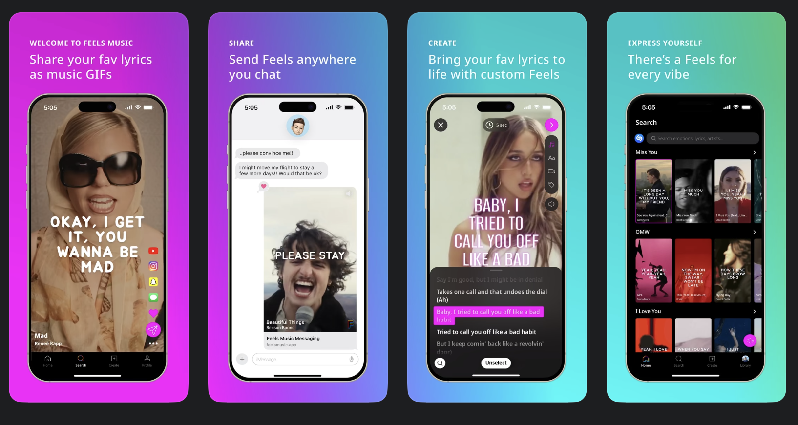 Send your fav lyrics as music GIFs through text, Snap, IG and more.