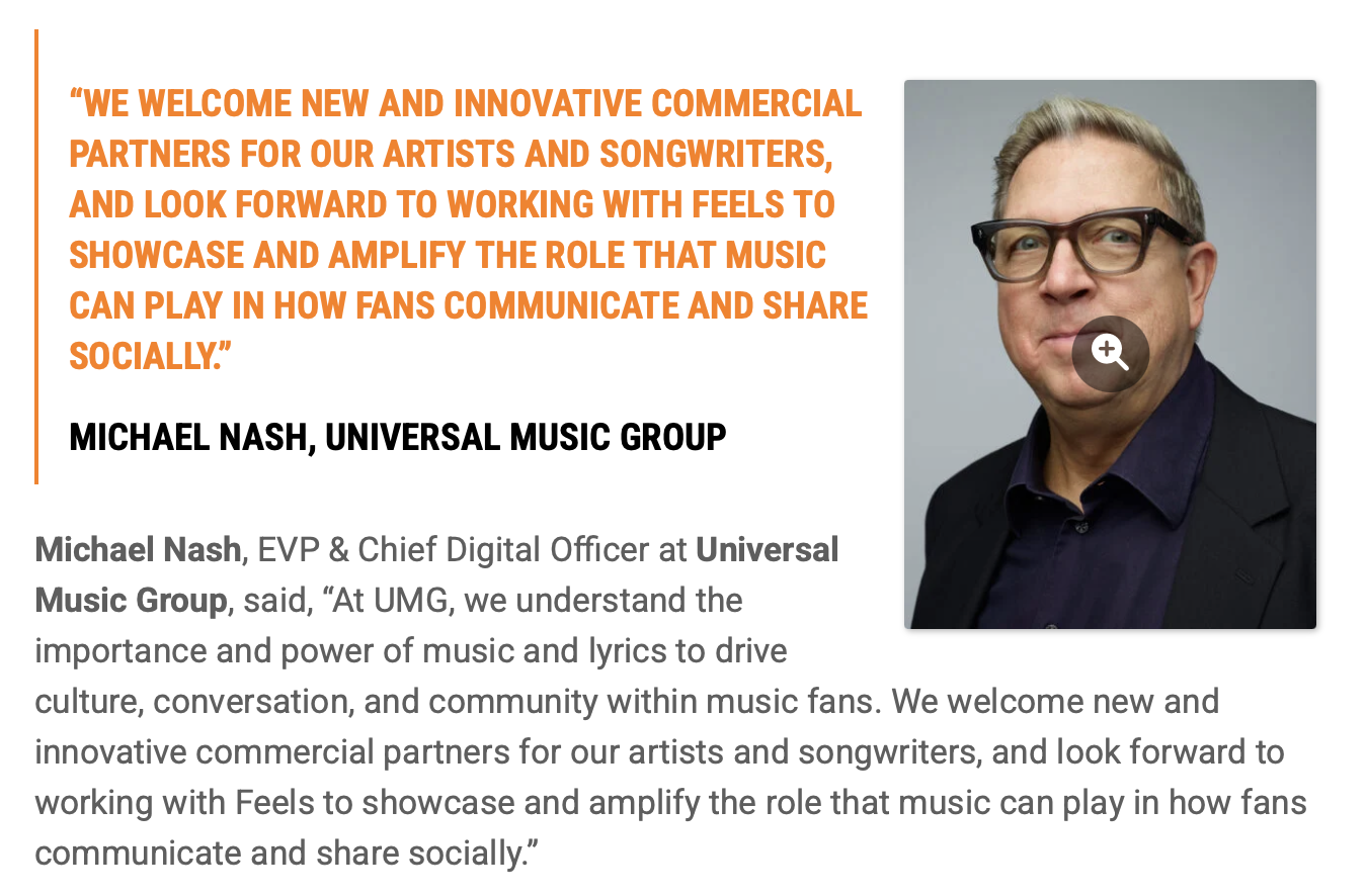    FEELS LAUNCHES WITH LICENSING DEALS FROM UNIVERSAL MUSIC GROUP, SONY MUSIC GROUP AND WARNER MUSIC GROUP   