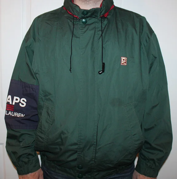 Vintage Chaps arm logo in green, navy and red windbreaker 