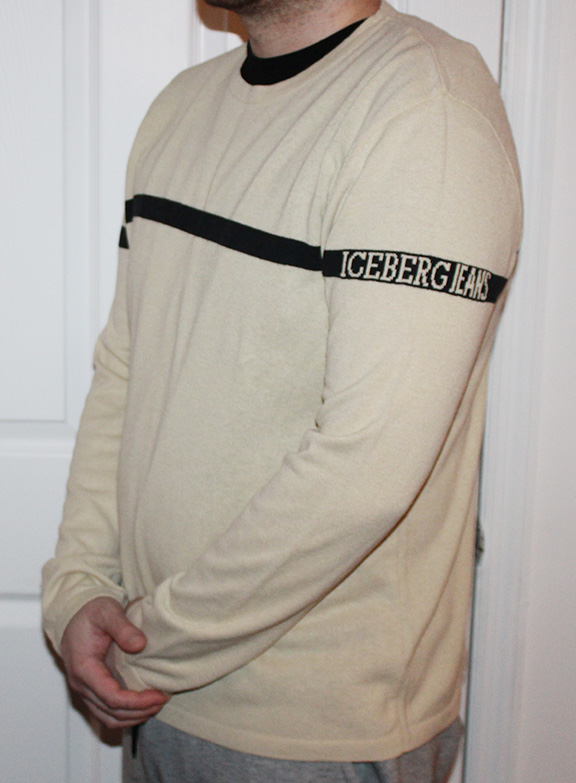 Vintage 90s Iceberg tan and navy spell-out sweater