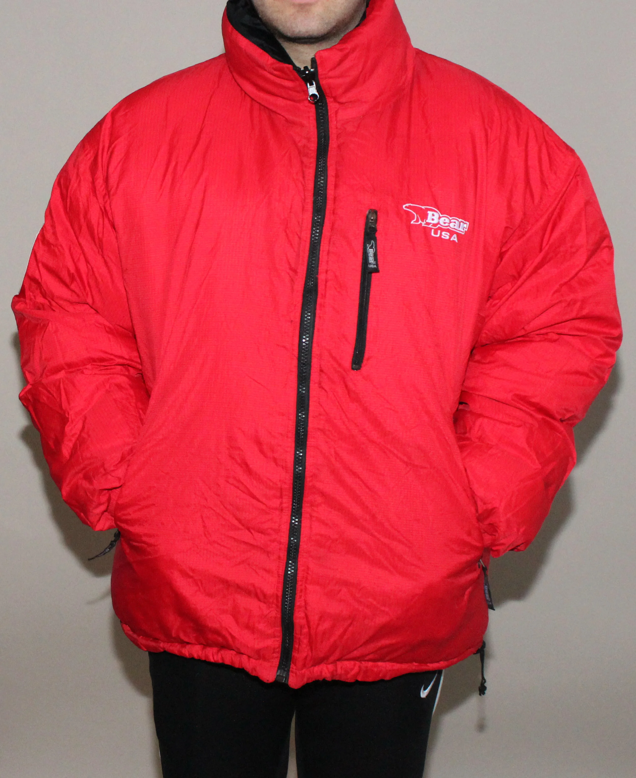 Vintage Bear USA Expedition Red Black Reversible Bubble Coat Size 