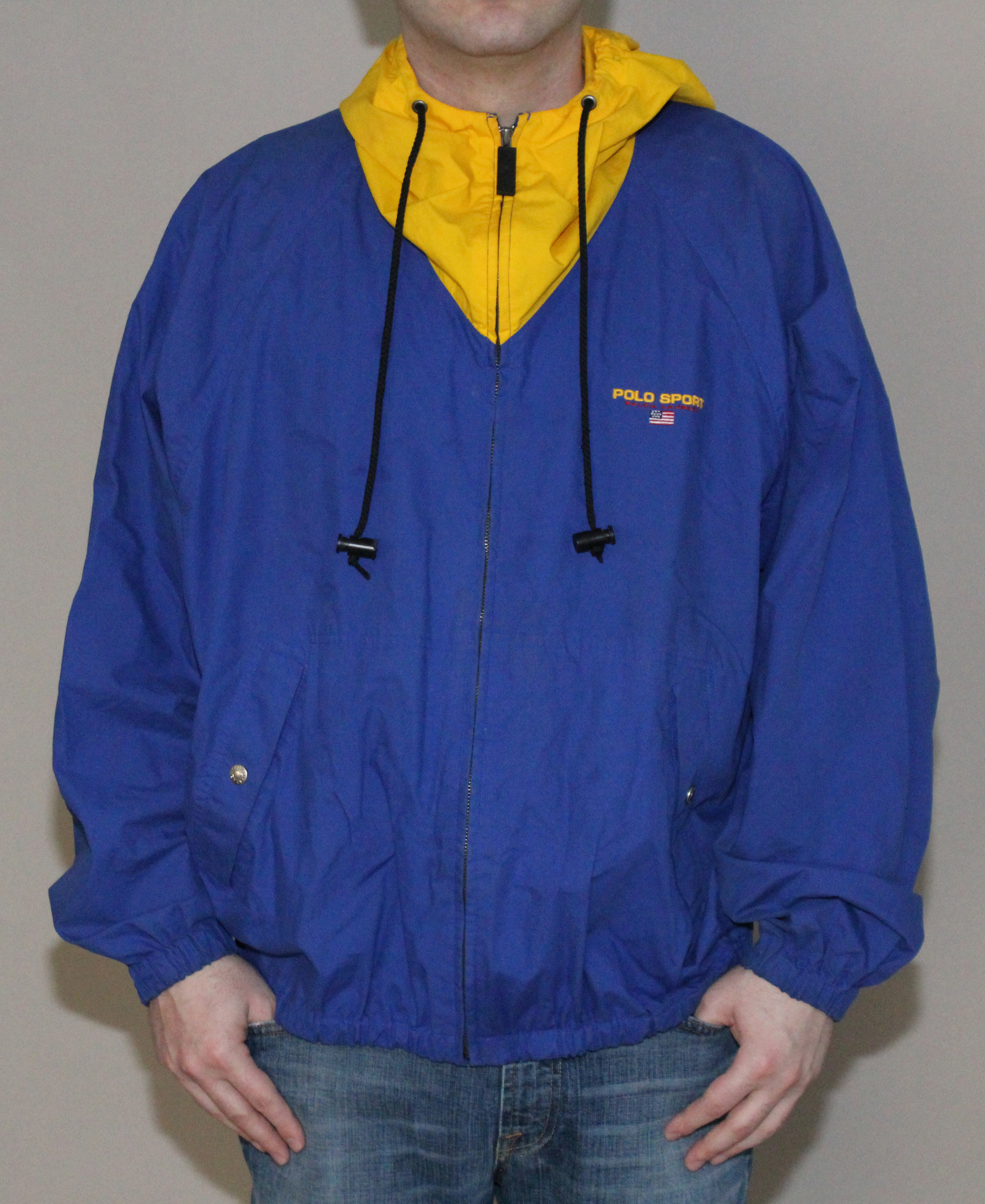 blue and yellow polo jacket