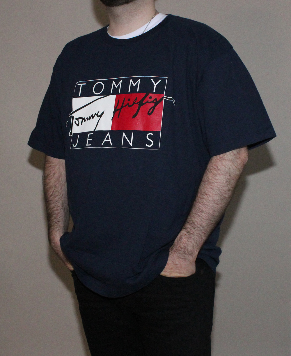 Vintage Tommy Hilfiger Tommy Jeans Navy Signature Logo T Shirt (Size XXL) —  Roots