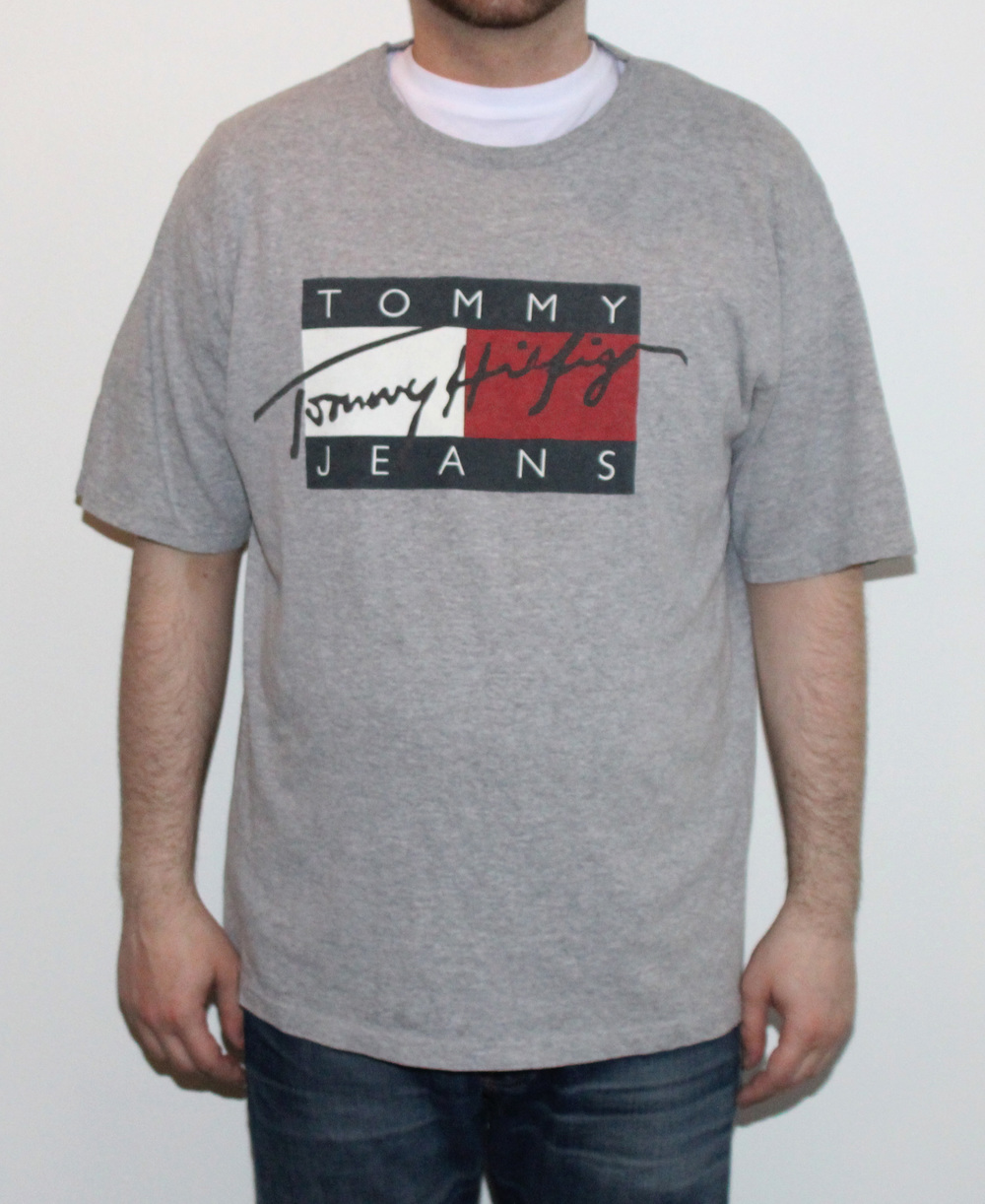 Indrømme teenagere Overtræder Vintage Tommy Jeans Signature Heather Grey Big Logo T Shirt (Size L) — Roots