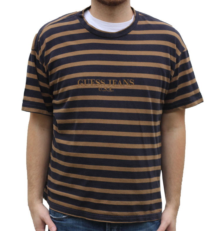 Guess Jeans USA Navy / Brown Striped T Shirt (Size XL) — Roots