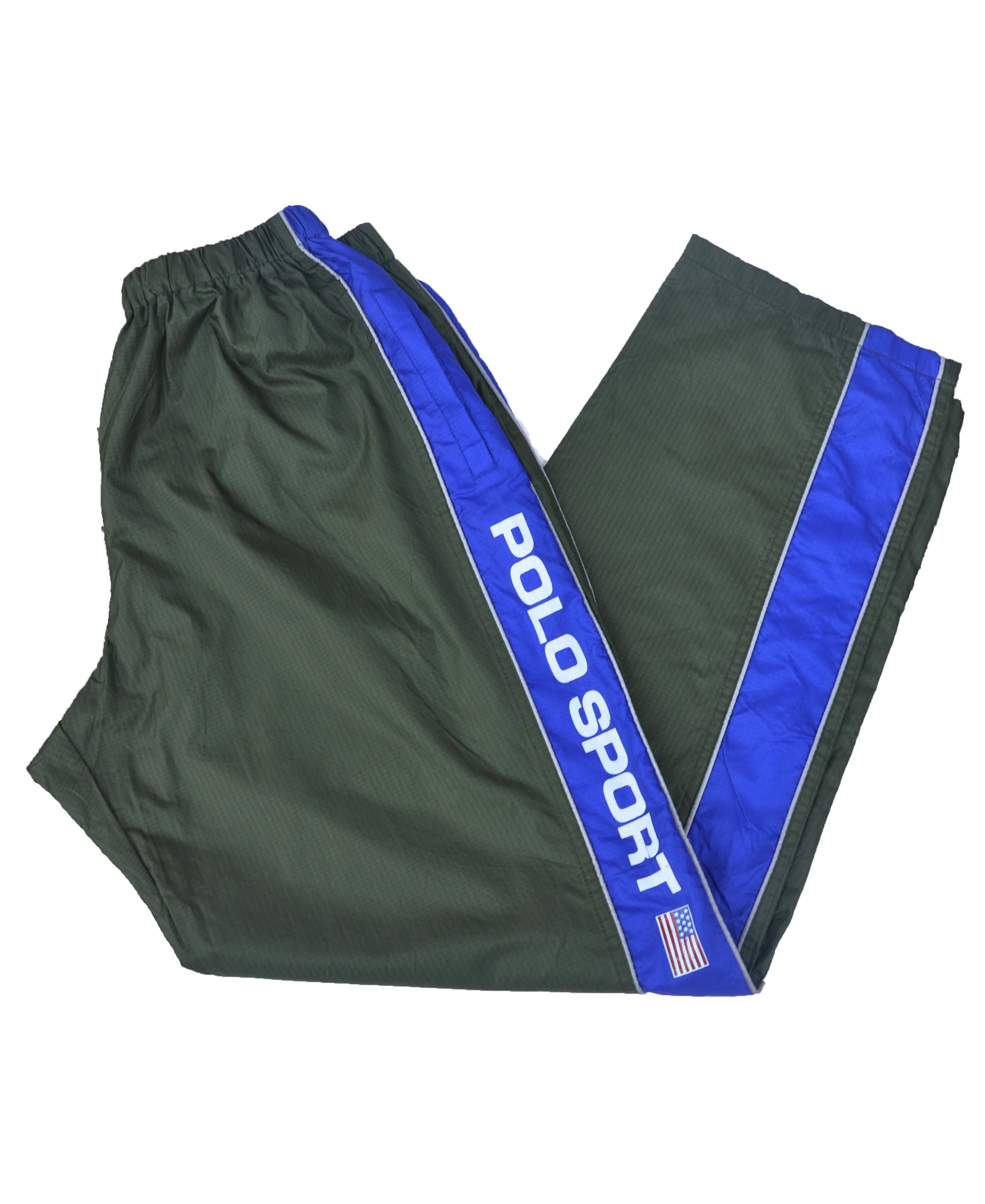 Vintage Polo Sport Spell-Out Olive / Blue / 3M Windbreaker Pants (Size L)