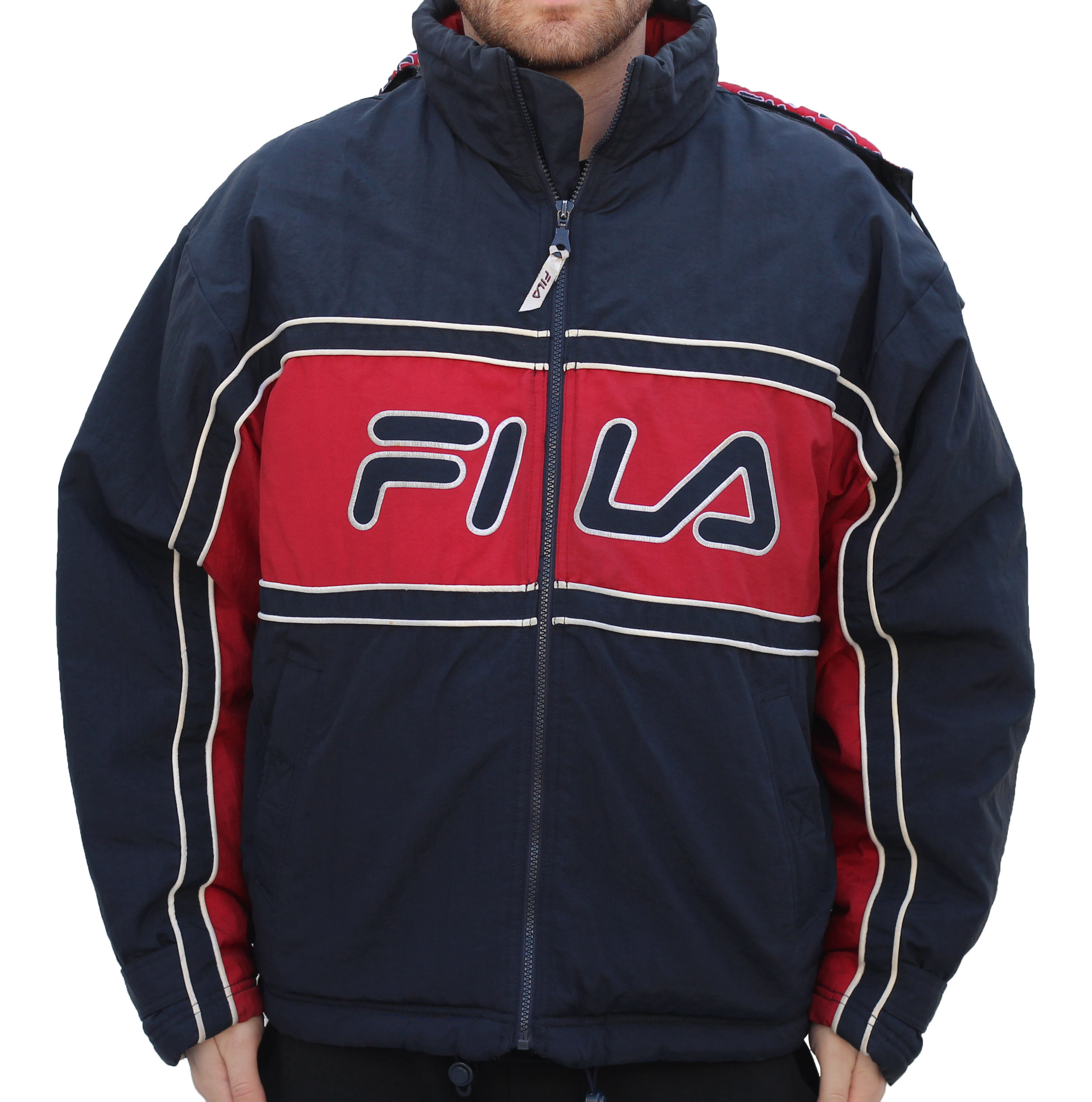 Vintage Fila Navy / Red Spell Out Jacket W/ Hood (Size XL) — Roots