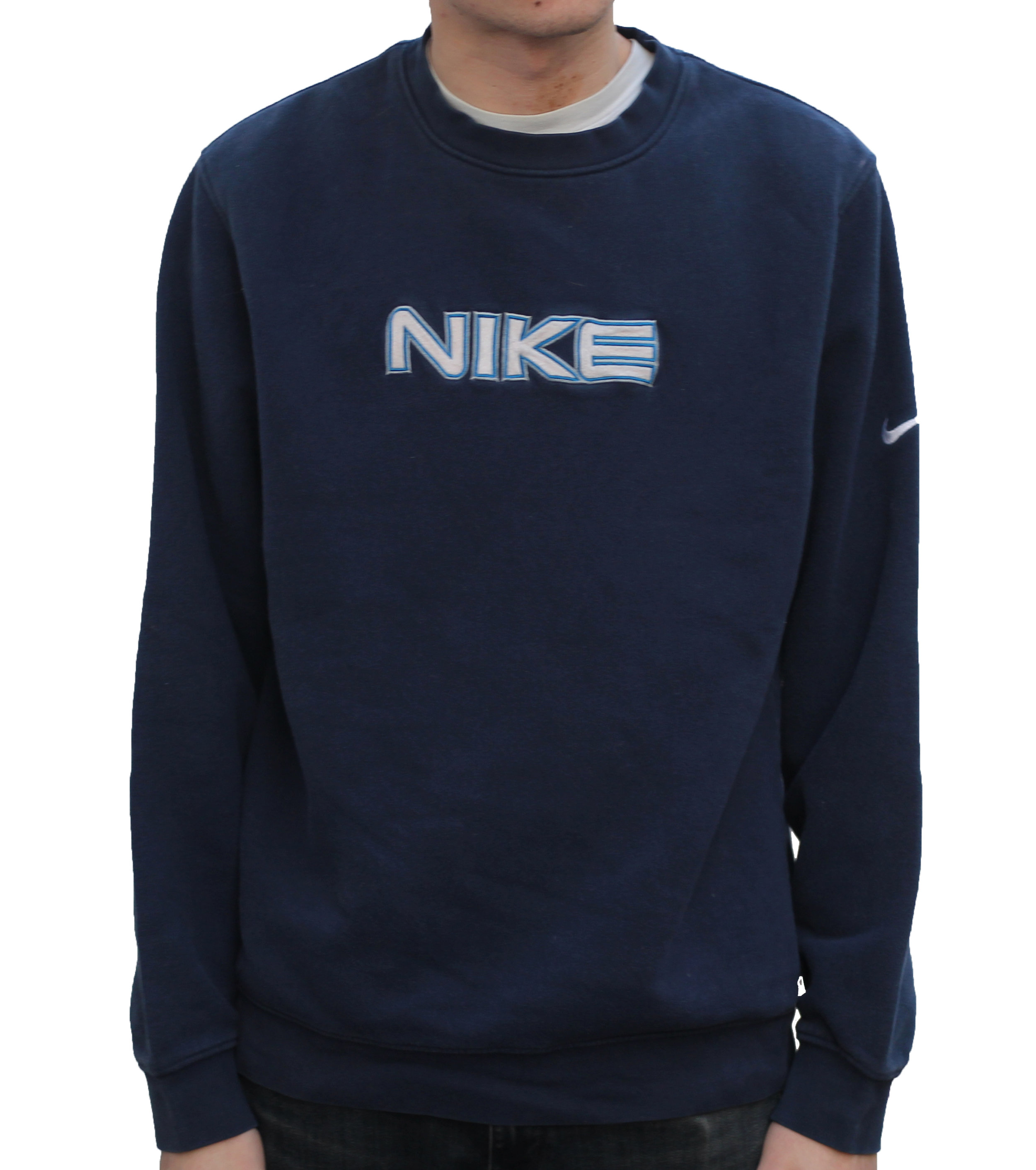 Nike Navy Spell Out Crew Neck Sweatshirt (Size M) — Roots