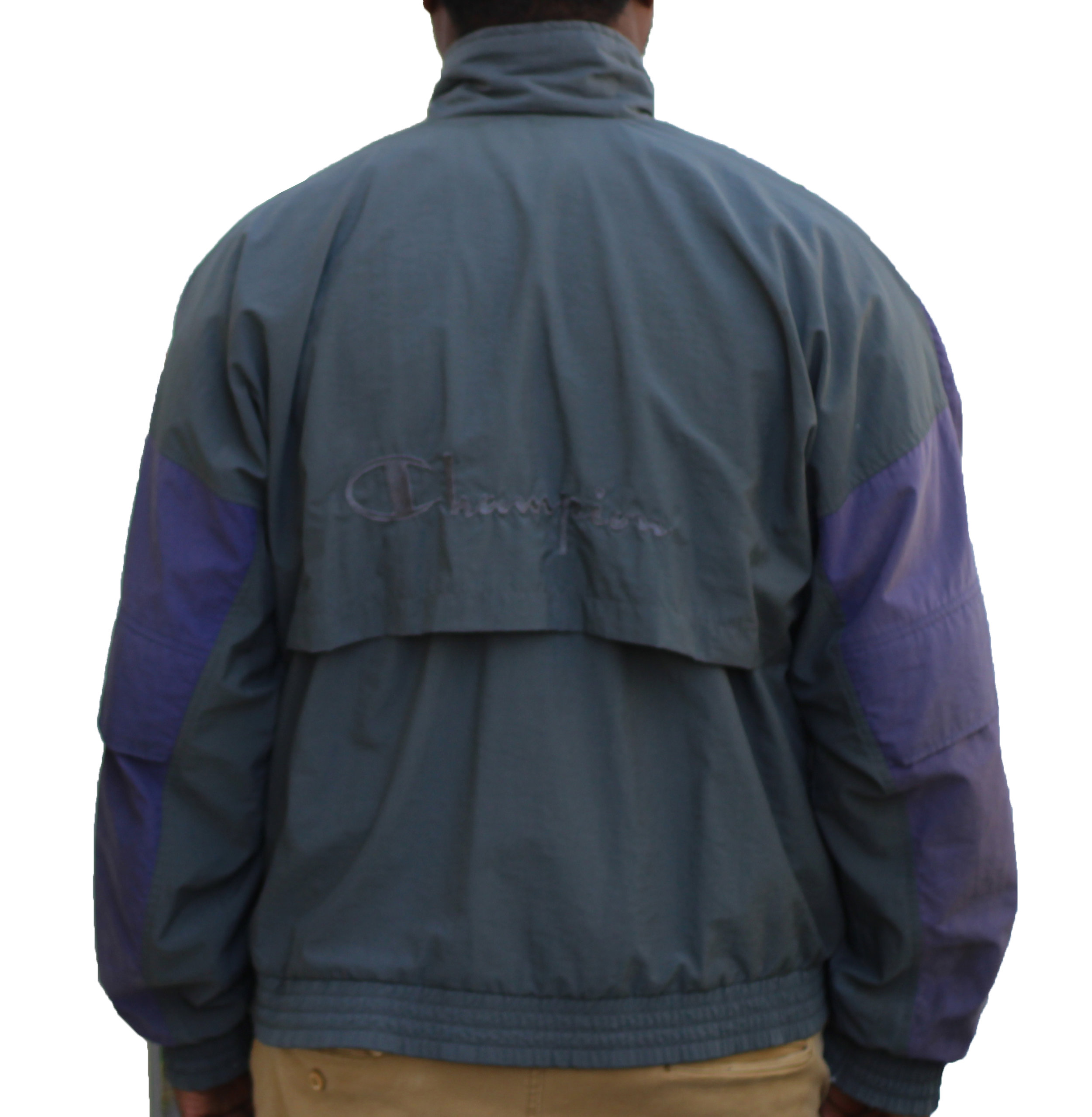 Vintage 90s Champion Grey, purple, and aqua spell out jacket.