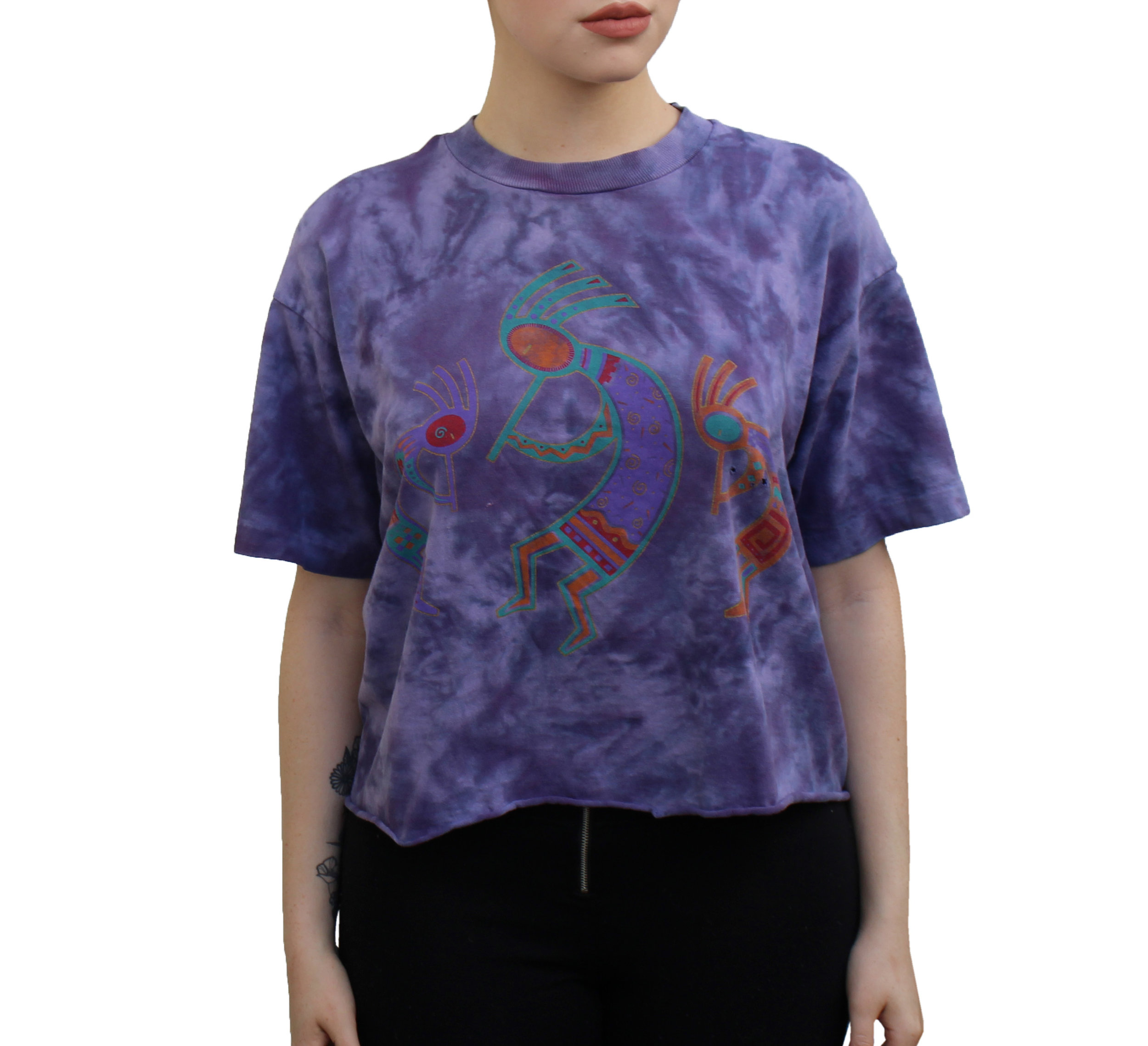 Vintage 90s Native American Print Tie Dye Cropped T Shirt. Vintage 90s Native American Print Tie Dye Cropped T Shirt.