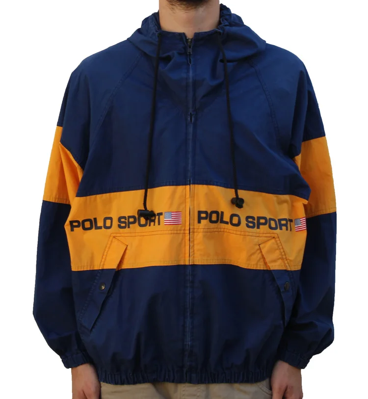 Vintage 90s Polo Sport Spell Out Navy and mustard light hooded jacket.