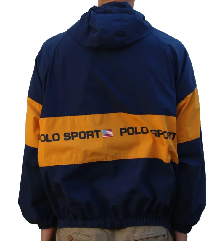 Vintage 90s Polo Sport Spell Out Navy and mustard light hooded jacket.