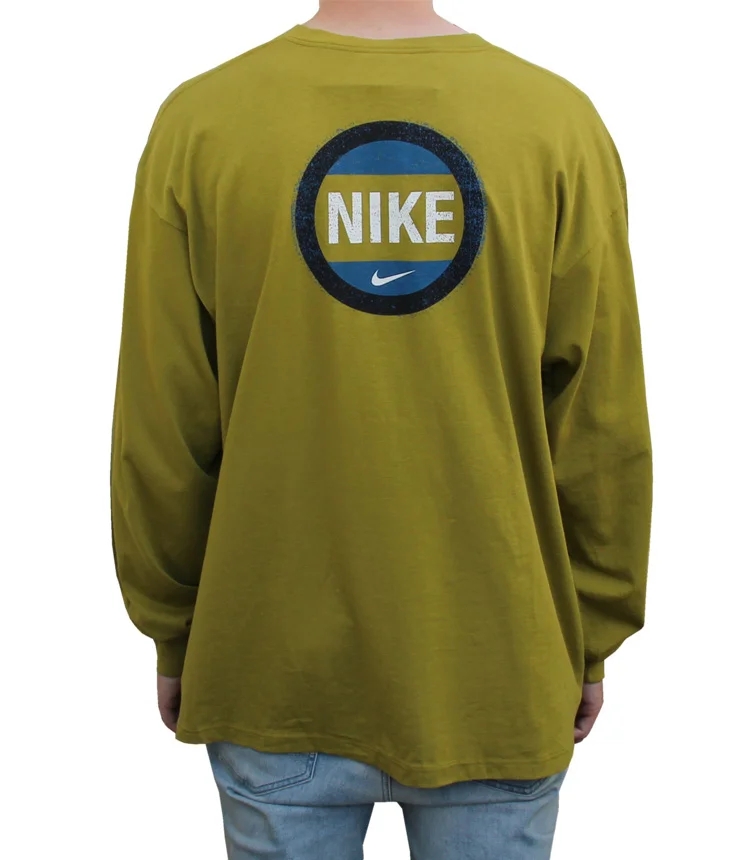Vintage Nike Swoosh Logo Moss Green / Blue Graphic Long Sleeve Shirt.