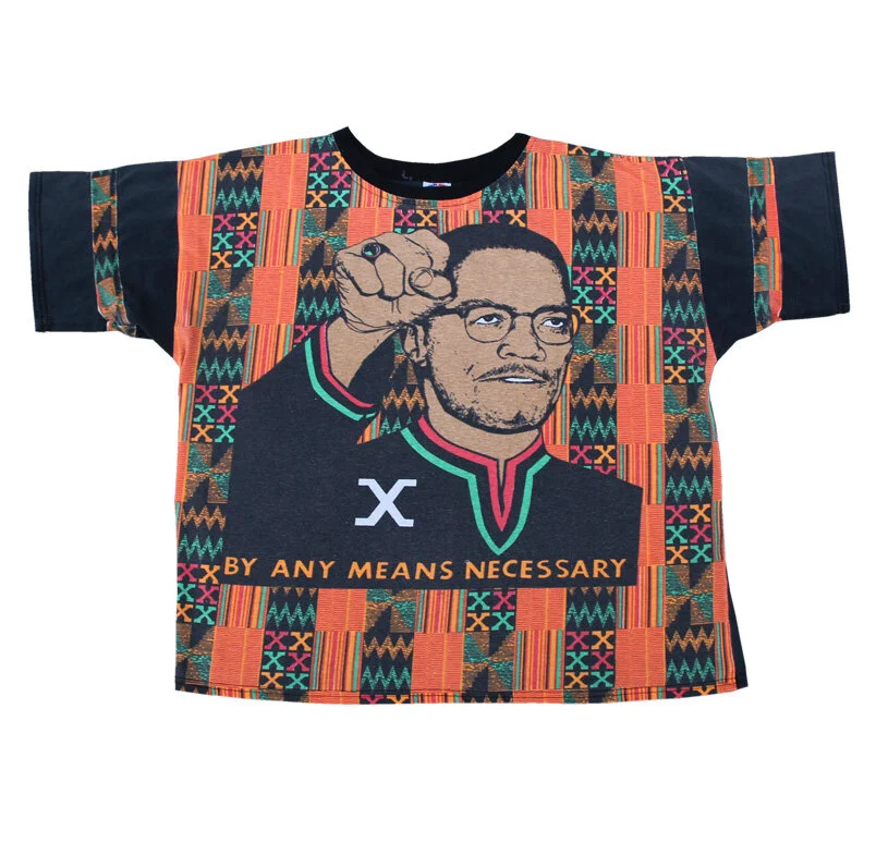Vintage 90s Malcolm X By Any Means Necessary t shirt.