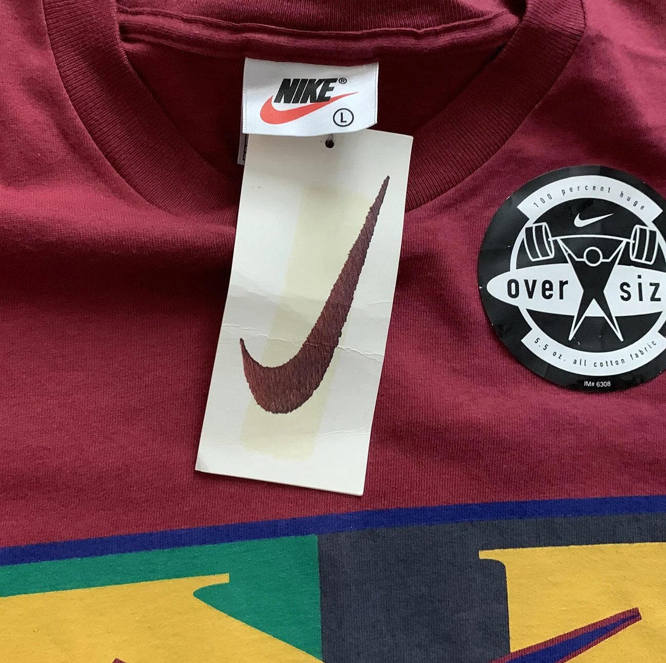 Vintage 90s Nike Big Logo Burgundy / Yellow / Blue / Green T Shirt