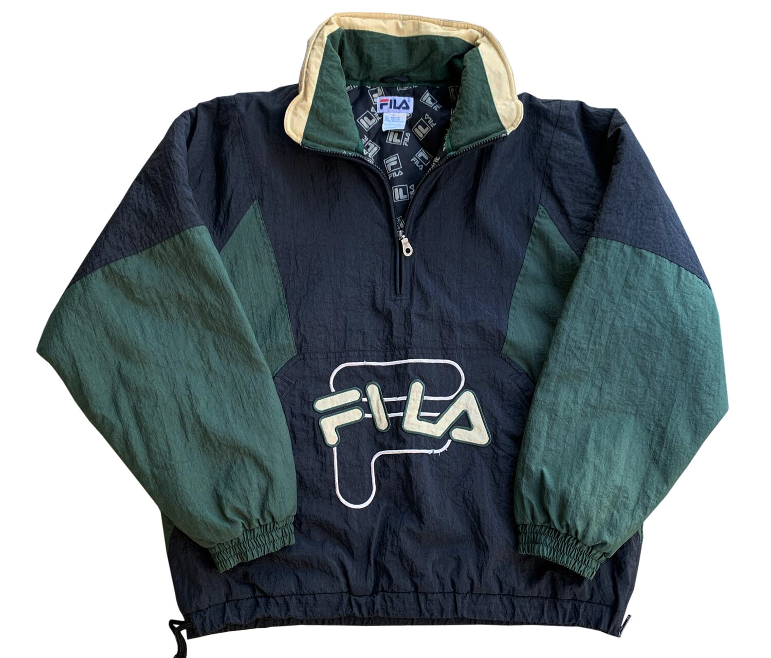 Rettsmedicin vokse op bruser Vintage Fila Green / Black / Beige Embroidered Half Zip Winter Jacket (Size  L) — Roots