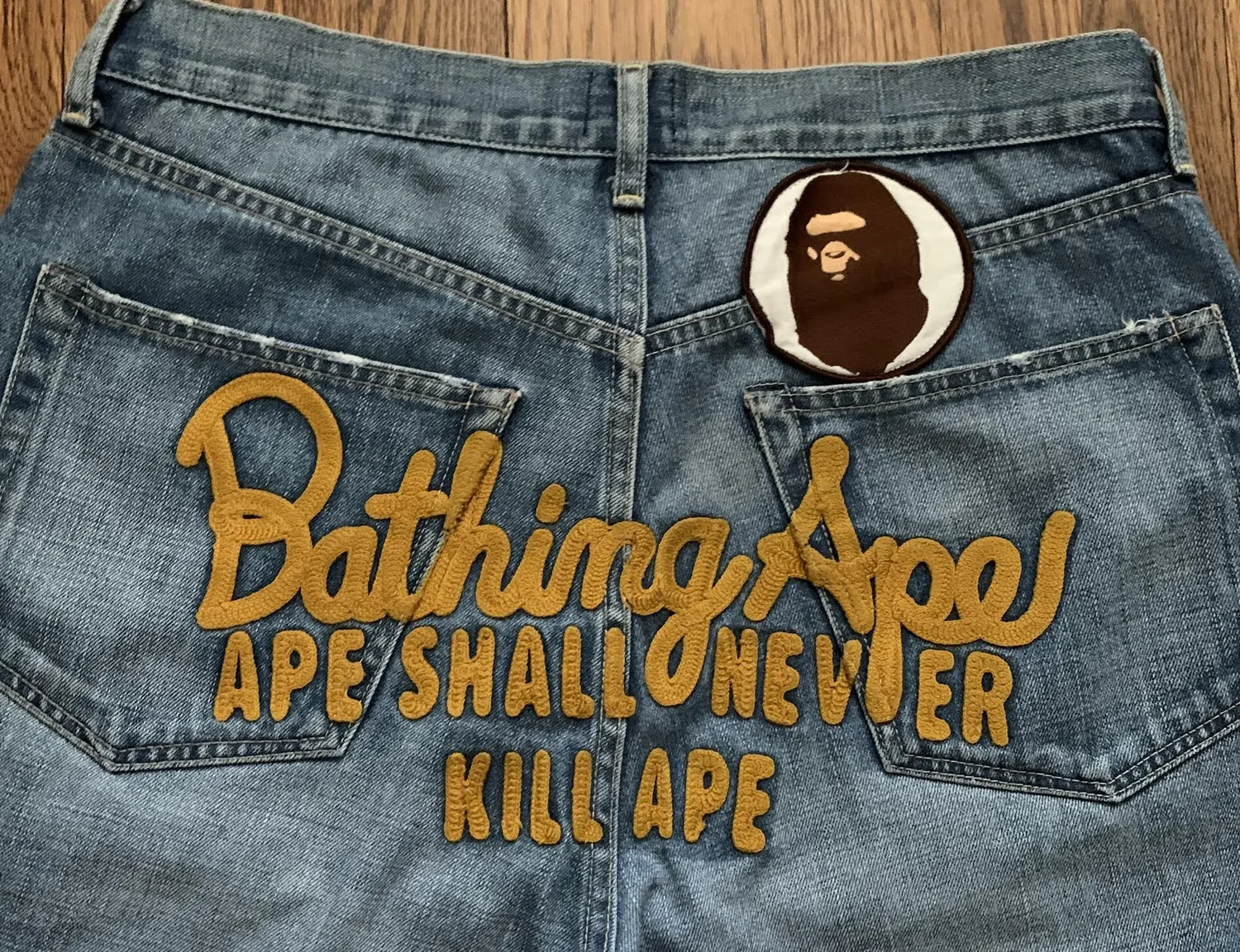 Bape Ape Shall Never Kill Ape Jean Shorts (Size M) — RootsBK 