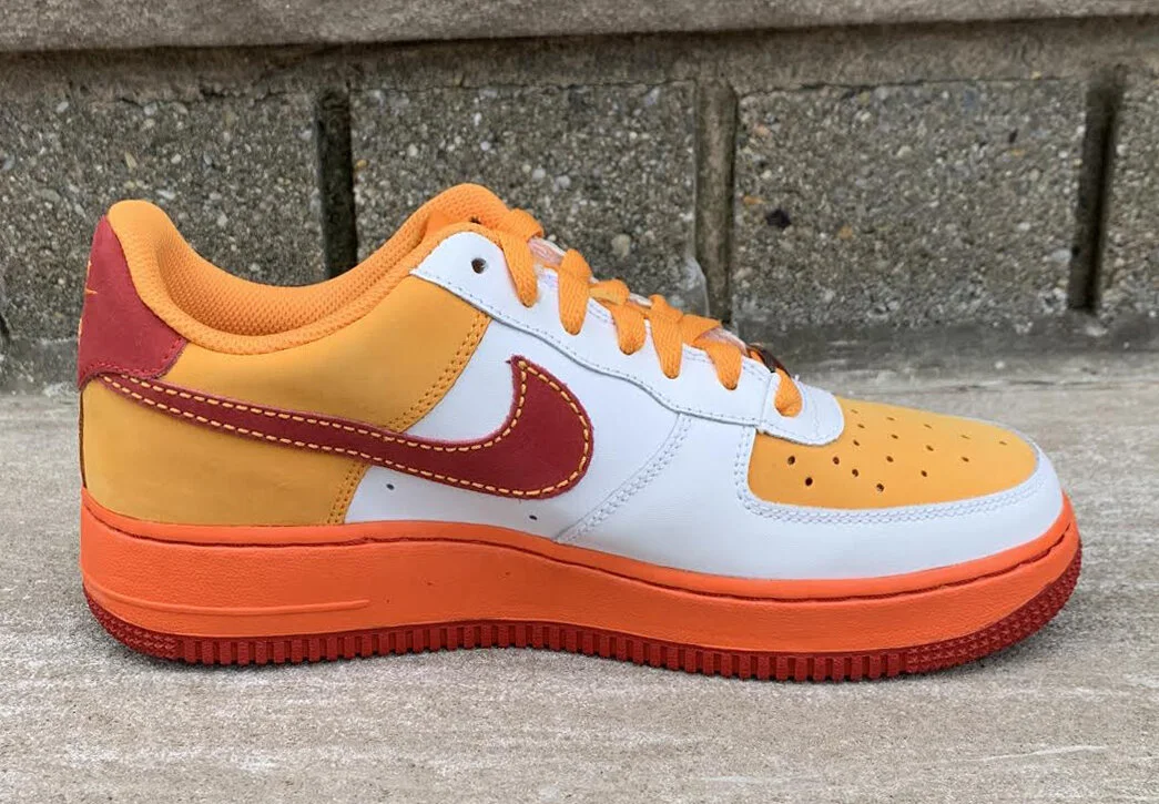 Kids Nike Air Force 1 Low White, varsity red orange.