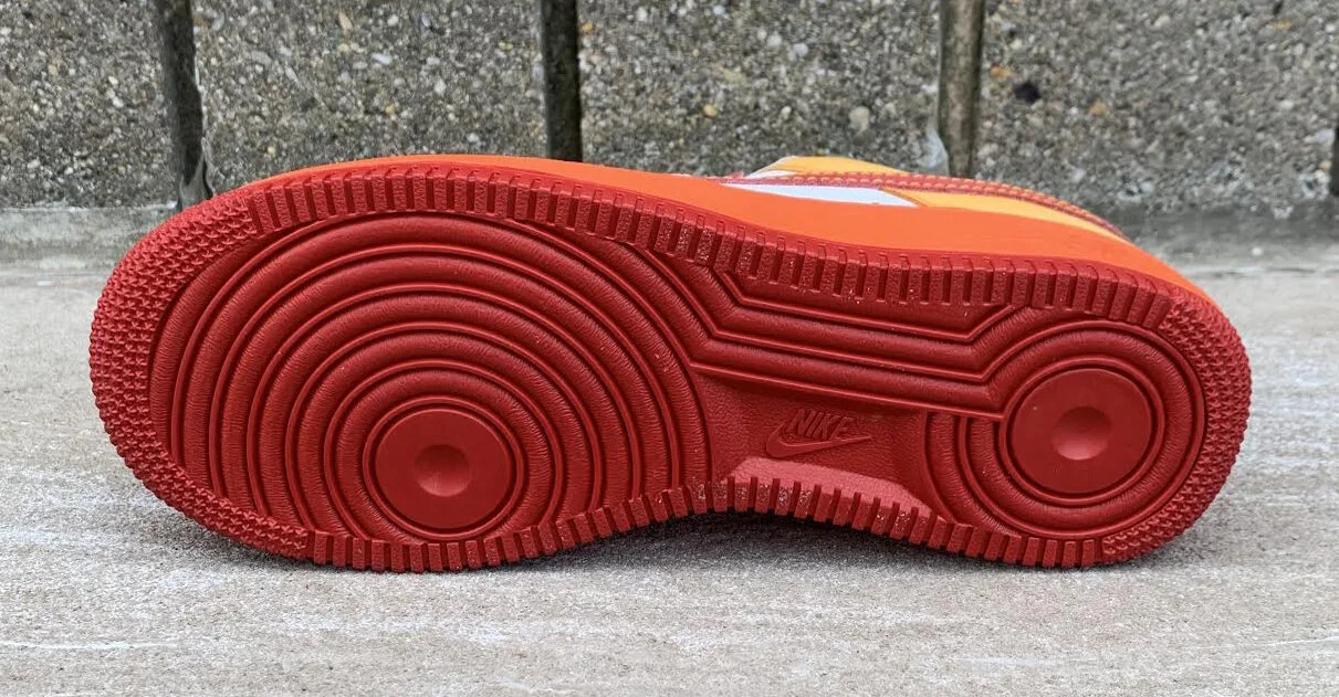 Kids Nike Air Force 1 Low White, varsity red orange.