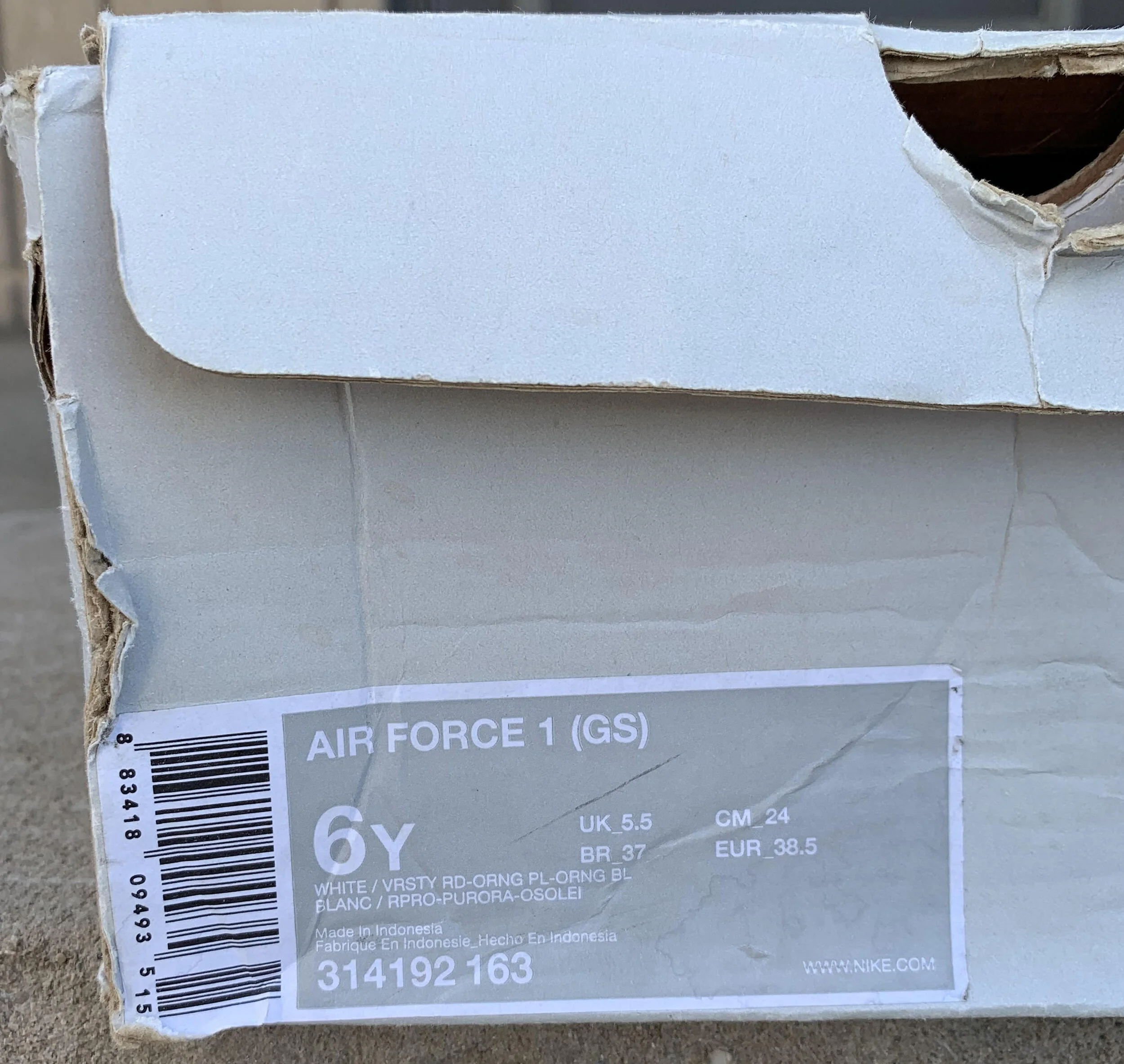 Kids Nike Air Force 1 Low White, varsity red orange.