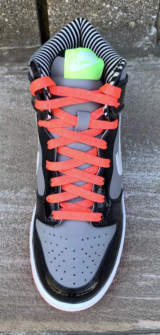 Kids Nike Dunk High Metallic Grey, White, Black, Solar Red.