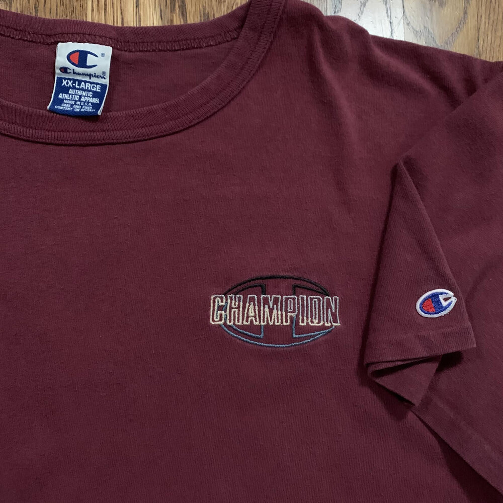 Presenter assimilation underskud Vintage Champion Burgundy Spell Out T Shirt (Size XXL) — Roots