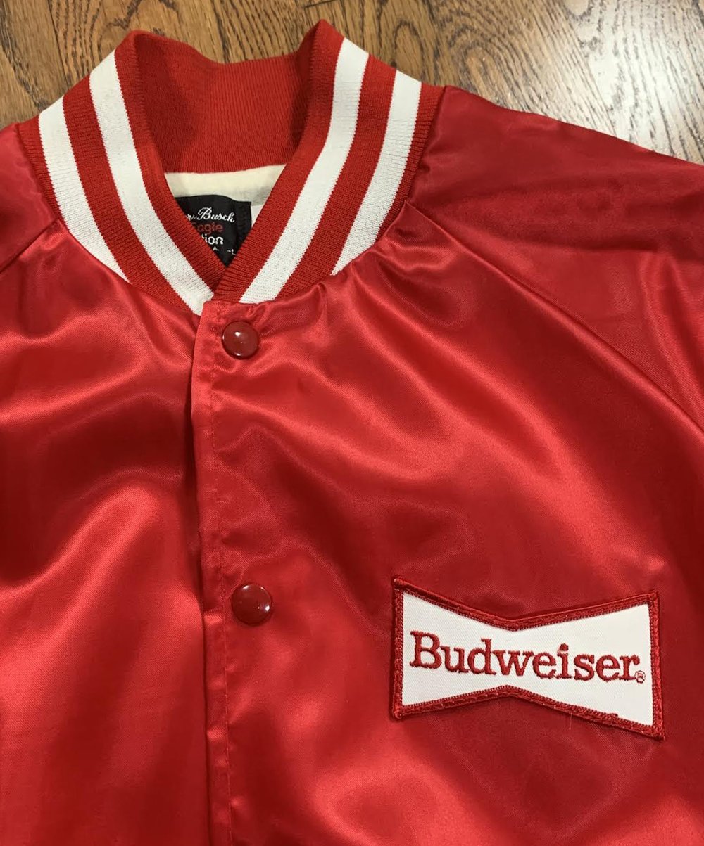 Vintage Anheuser Busch Budweiser — Roots Jacket Satin Red L) (Size