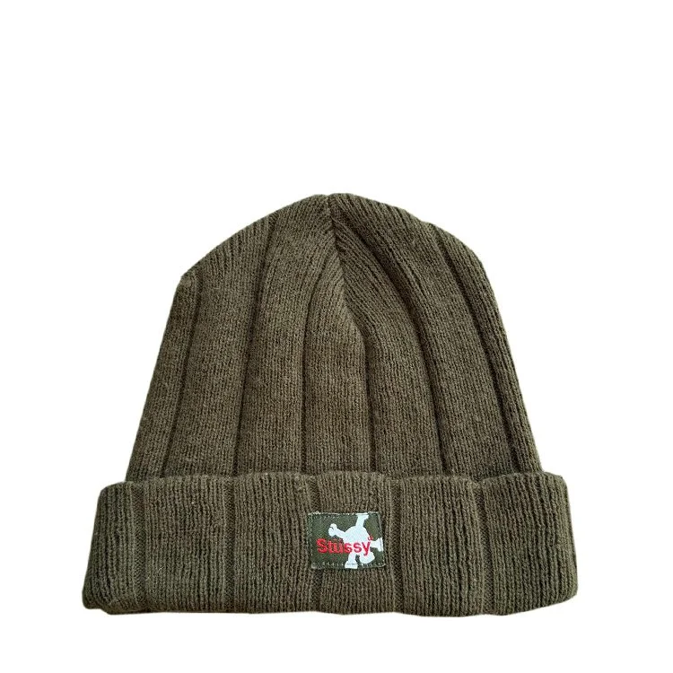 VTG Stussy Olive Skull and Cross bones beanie.jpg