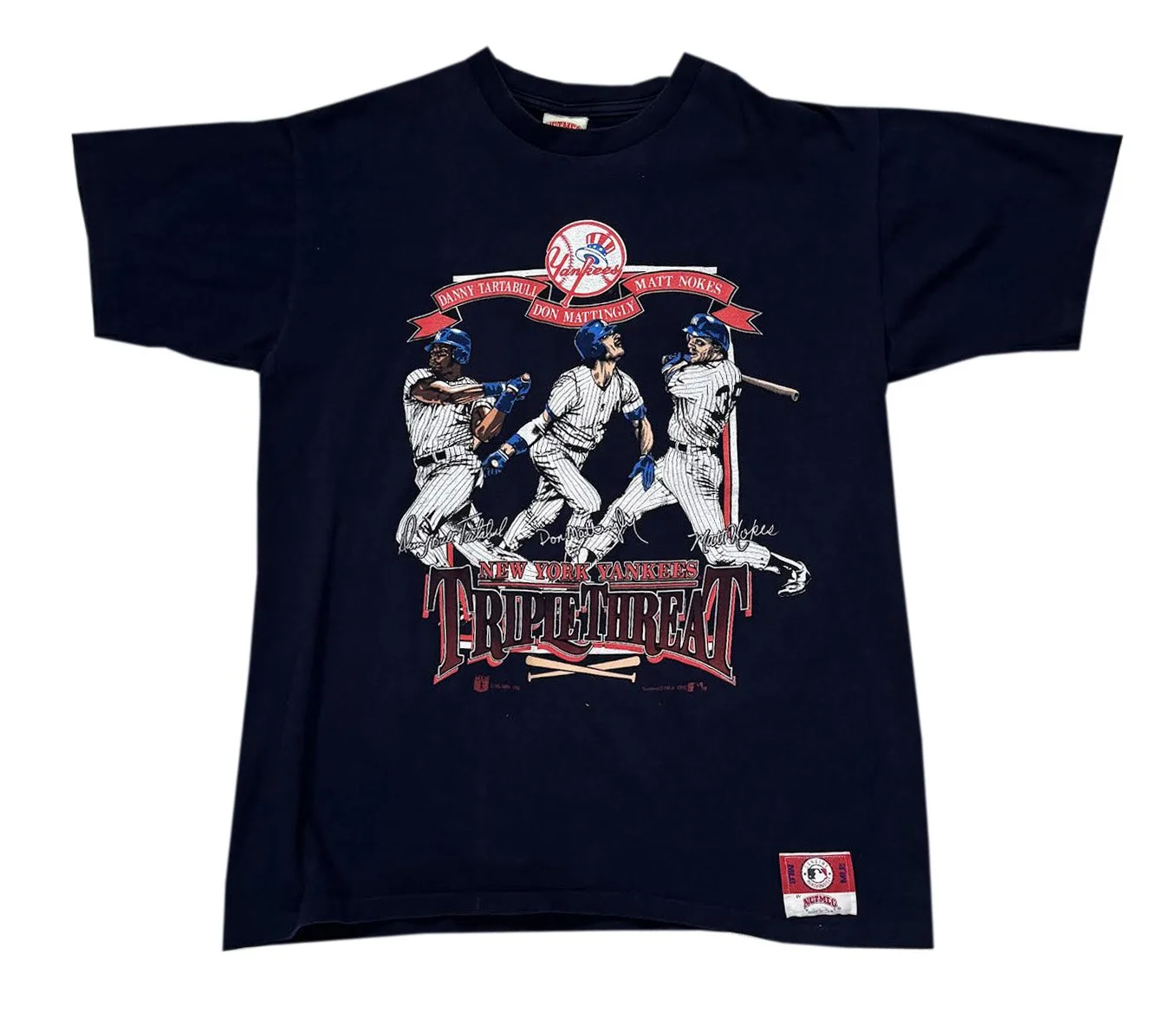 Vintage Nutmeg Mills New York Yankees Triple Threat T Shirt (Size XL)