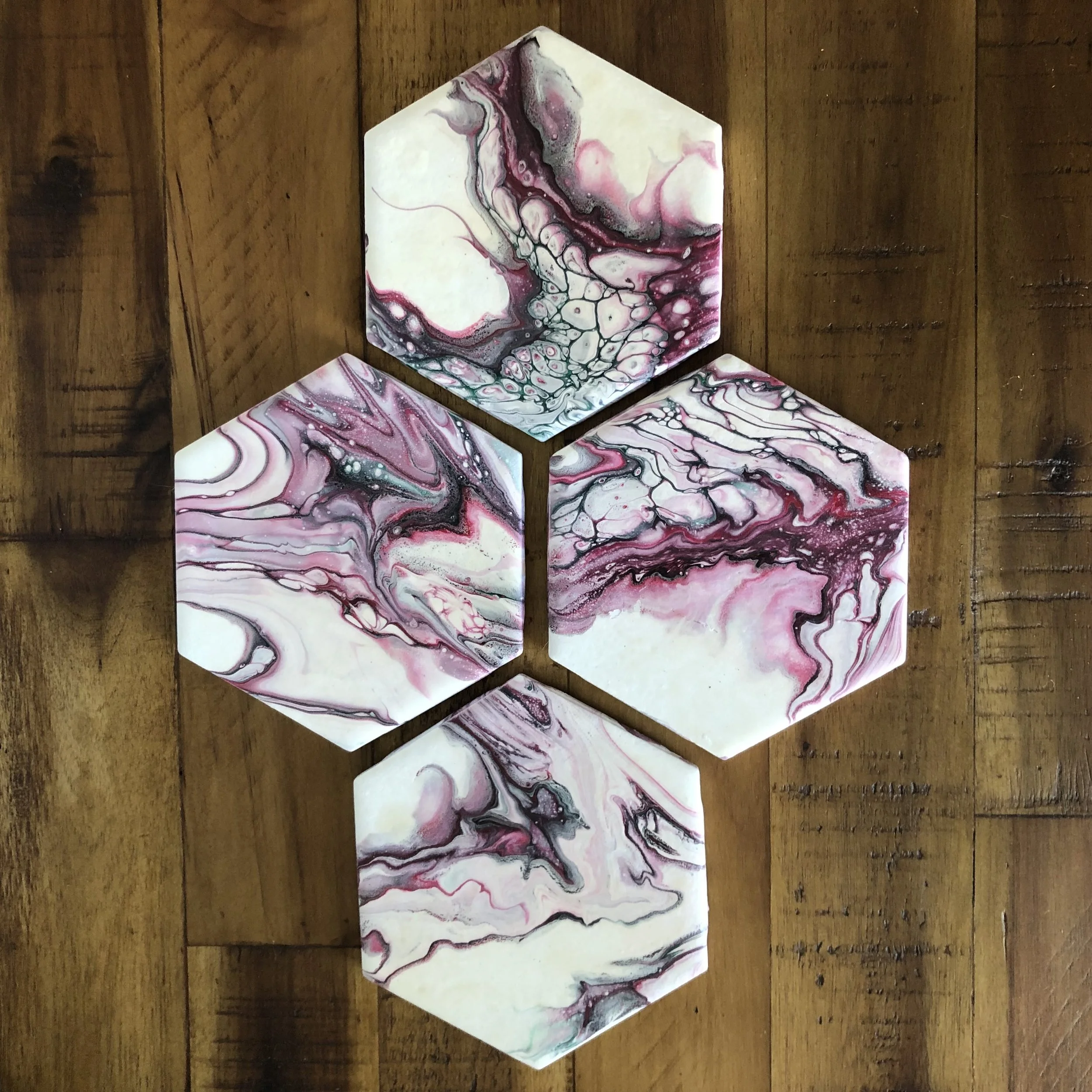 SOLD - Crimson, White, and Cream with Green and White - Hand Painted Hexagon Ceramic Coasters