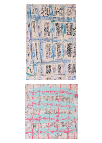 (Top) A VIOLENT PARTING 2013, water-based oil, house paint & spray paint on canvas, 11 x 14 in. (Bottom) THE WONKY ONE 2013, acrylic & house paint on canvas, 12 x 12 in.