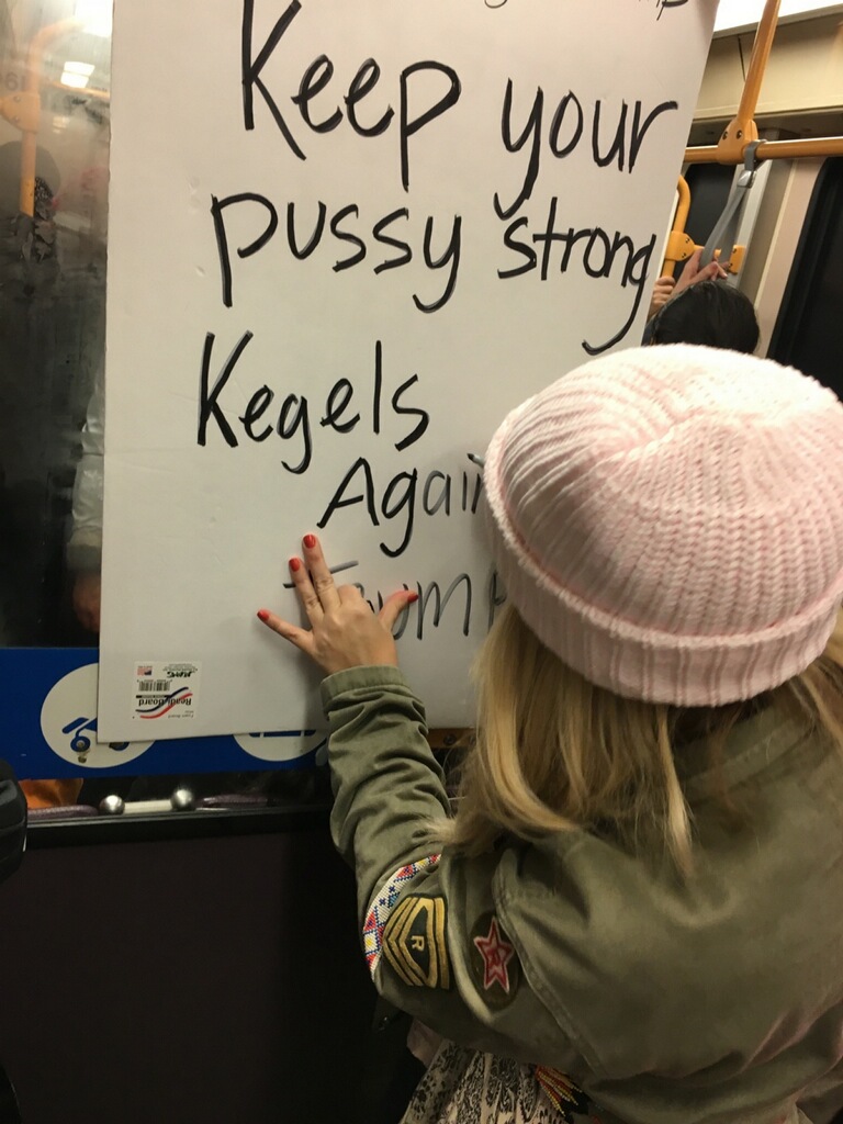I know the language on my sign is strong. But I was just using the words that the President elect used when he objectified women and verbalized the value he saw in them. I chose the language on purpose. The goal of my sign was not to offend but rather to say that if we are to be strong women with a voice and view point we must exercise. Exercise our right to use our voice and have an opinion and speak up for it. (photo is mine)