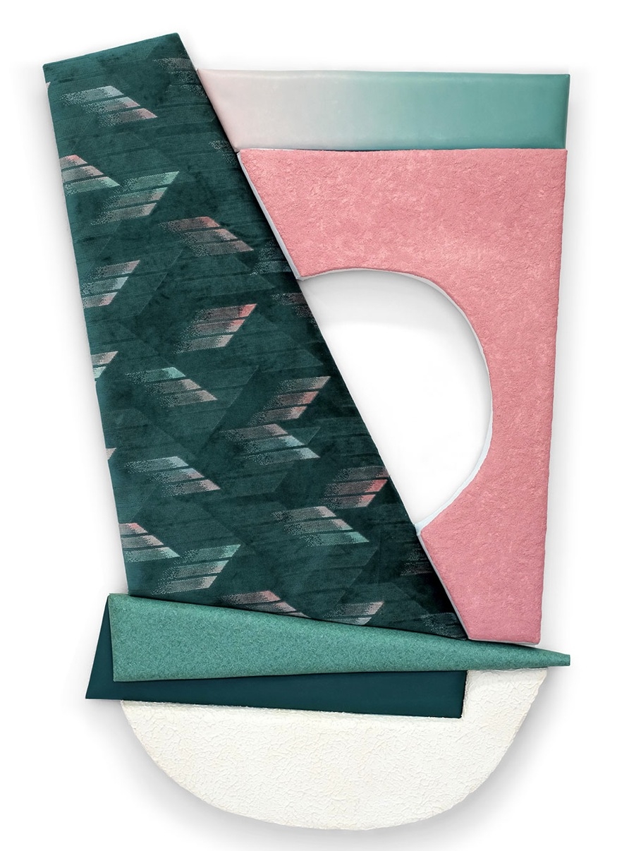 LEAH GUADAGNOLI, This is Not My City , 2015, Oil, acrylic, patterned felt, vinyl, canvas, pumice stone, and molding paste on insulation board, 59 x 33 x 3 ½ inches.