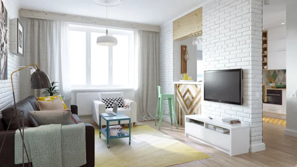 Instead of the television, I would have another sofa in the living room. In the middle I would have a small container of board games.